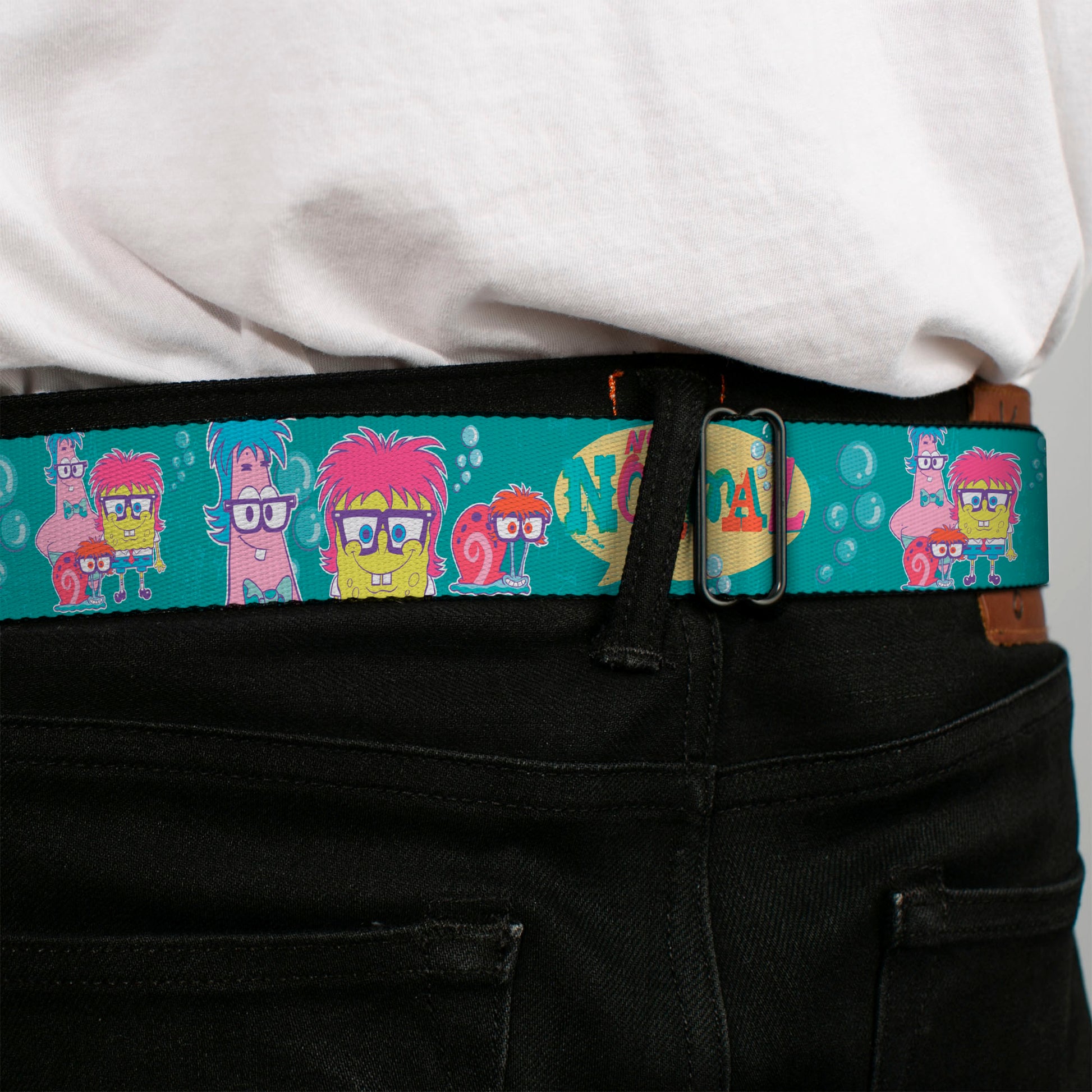 Sponge Bob Face CLOSE-UP Full Color Seatbelt Belt - Patrick, SpongeBob & Gary NOT NORMAL Aqua Webbing Seatbelt Belts SpongeBob SquarePants