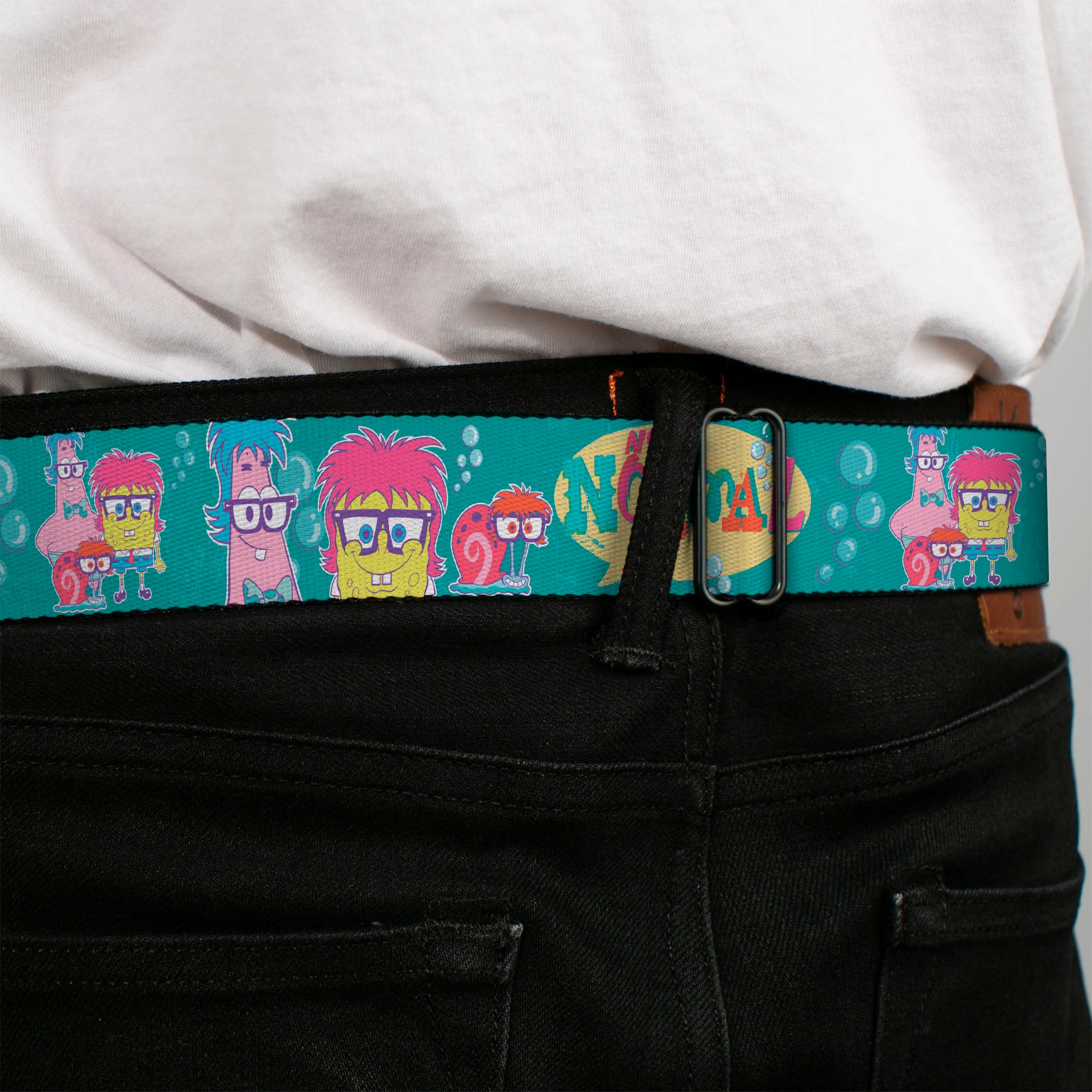 Sponge Bob Face CLOSE-UP Full Color Seatbelt Belt - Patrick, SpongeBob & Gary NOT NORMAL Aqua Webbing Seatbelt Belts SpongeBob SquarePants