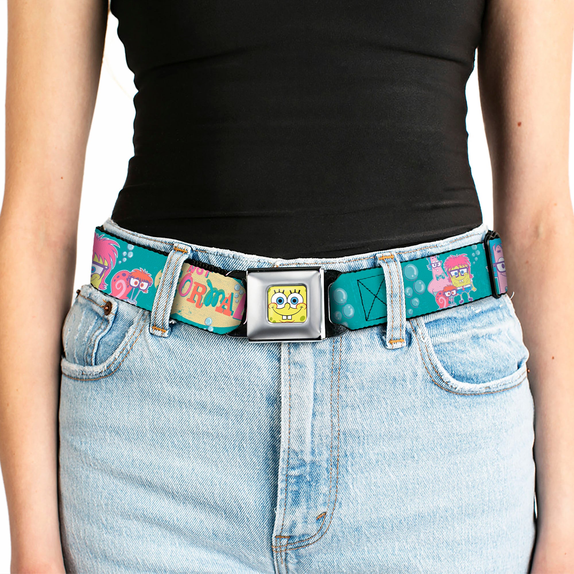 Sponge Bob Face CLOSE-UP Full Color Seatbelt Belt - Patrick, SpongeBob & Gary NOT NORMAL Aqua Webbing Seatbelt Belts SpongeBob SquarePants