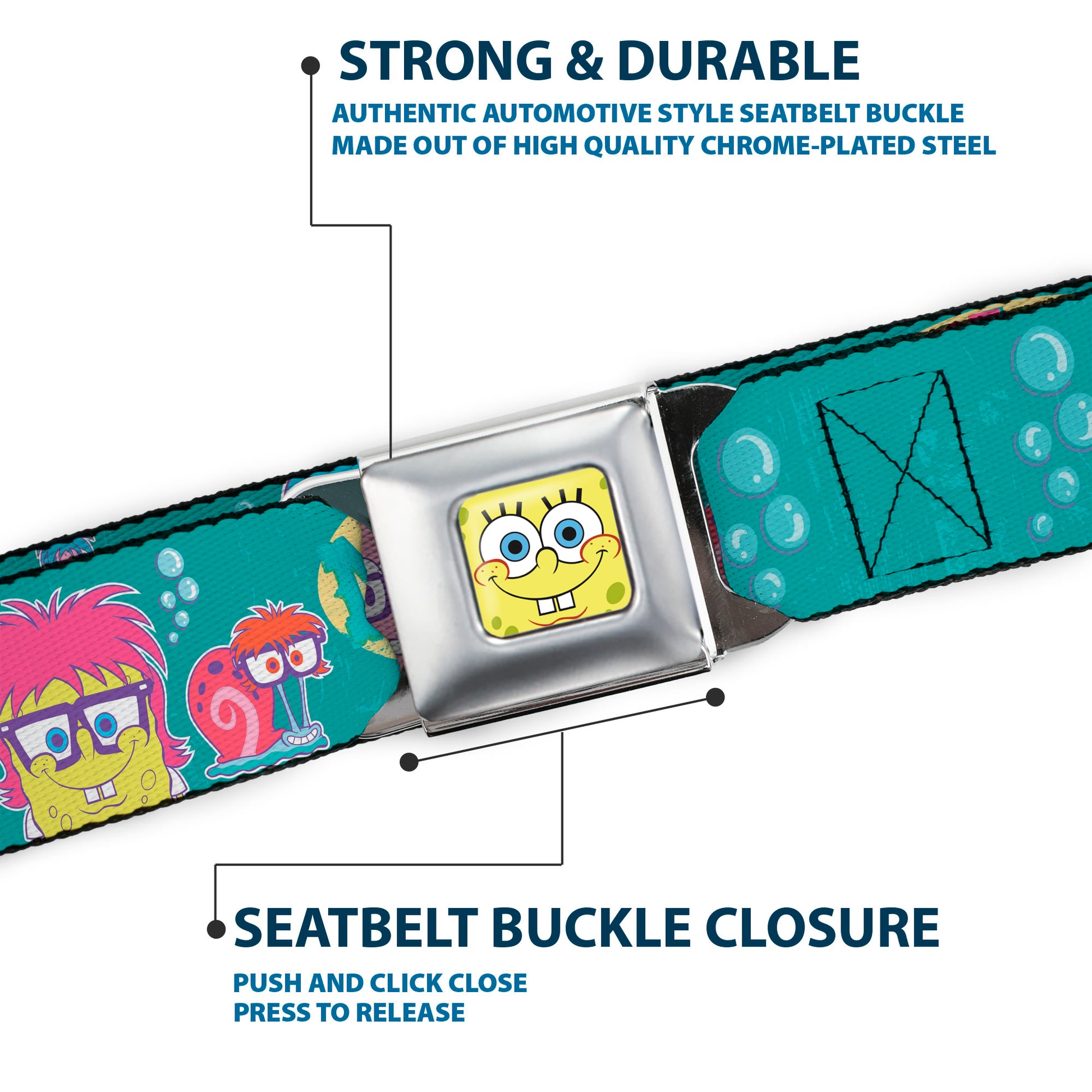 Sponge Bob Face CLOSE-UP Full Color Seatbelt Belt - Patrick, SpongeBob & Gary NOT NORMAL Aqua Webbing Seatbelt Belts SpongeBob SquarePants