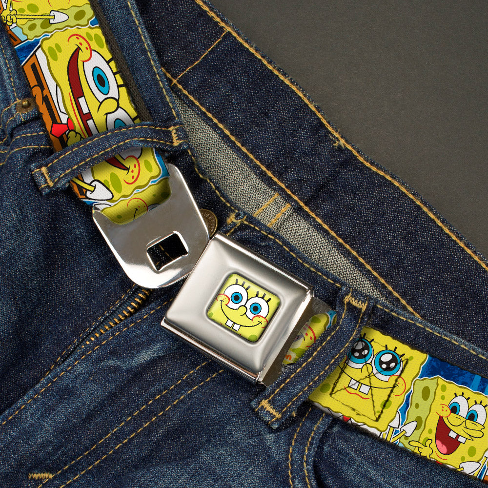 Sponge Bob Face CLOSE-UP Full Color Seatbelt Belt - SpongeBob Expressions Stripe Blue Webbing Seatbelt Belts SpongeBob SquarePants