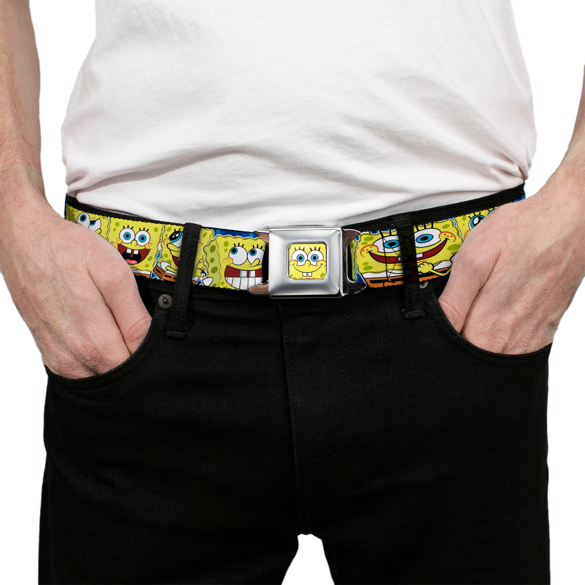 Sponge Bob Face CLOSE-UP Full Color Seatbelt Belt - SpongeBob Expressions Stripe Blue Webbing Seatbelt Belts SpongeBob SquarePants