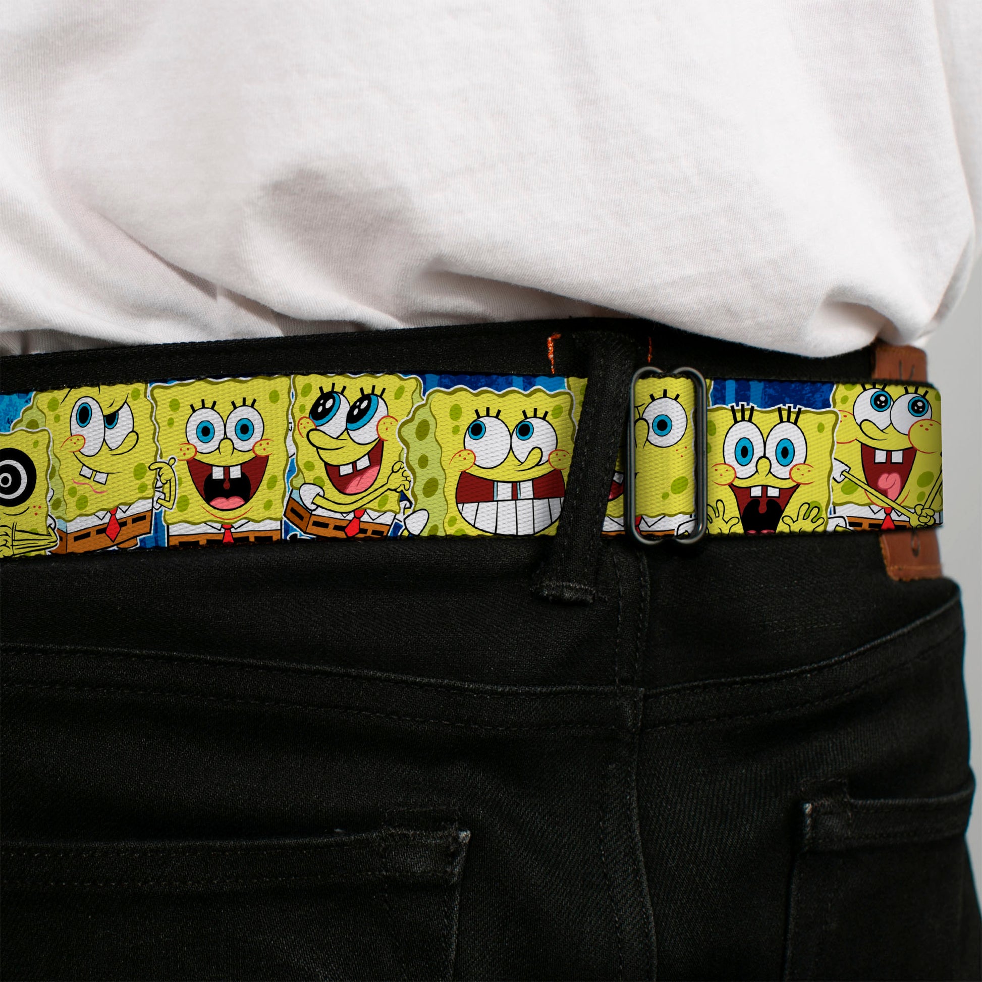 Sponge Bob Face CLOSE-UP Full Color Seatbelt Belt - SpongeBob Expressions Stripe Blue Webbing Seatbelt Belts SpongeBob SquarePants
