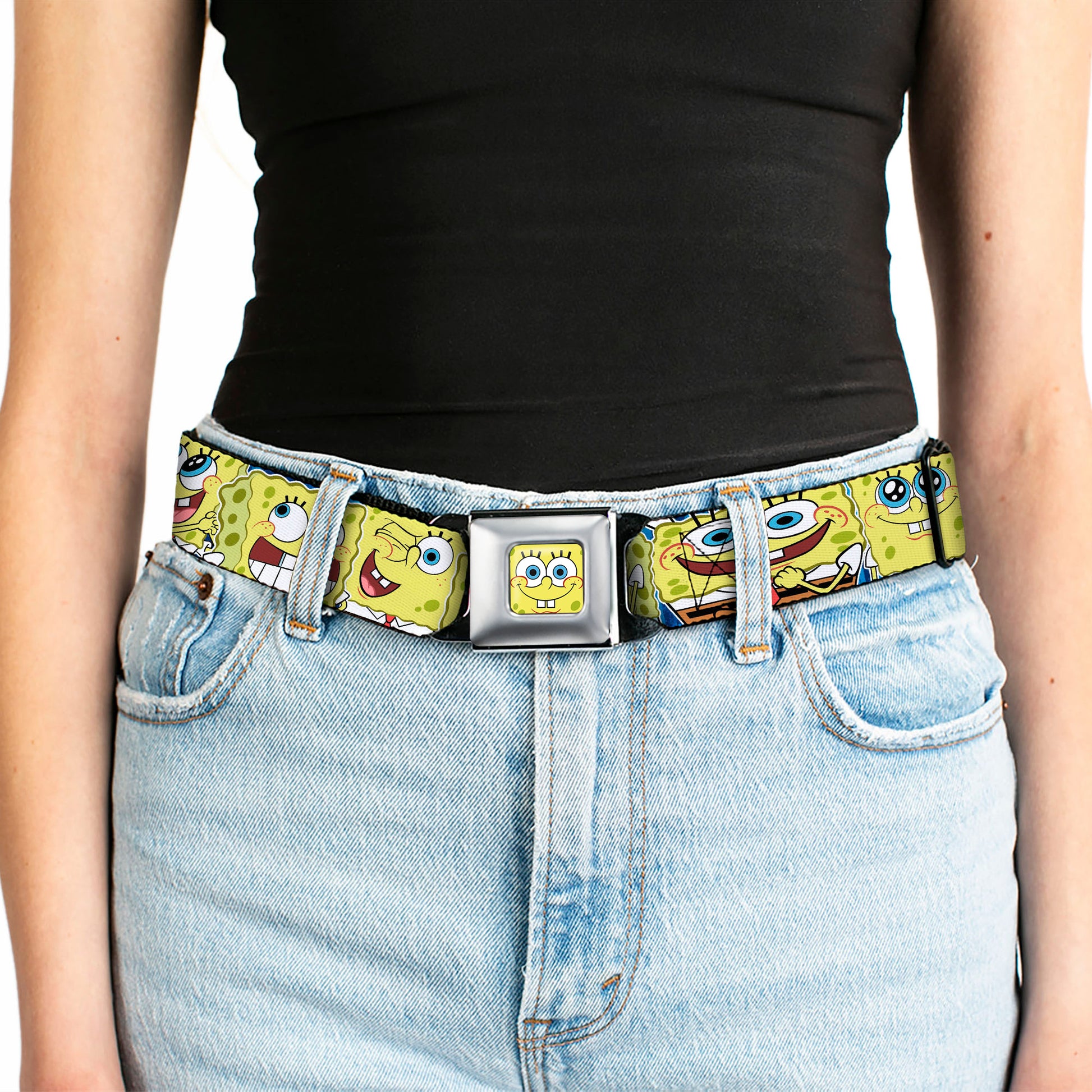 Sponge Bob Face CLOSE-UP Full Color Seatbelt Belt - SpongeBob Expressions Stripe Blue Webbing Seatbelt Belts SpongeBob SquarePants