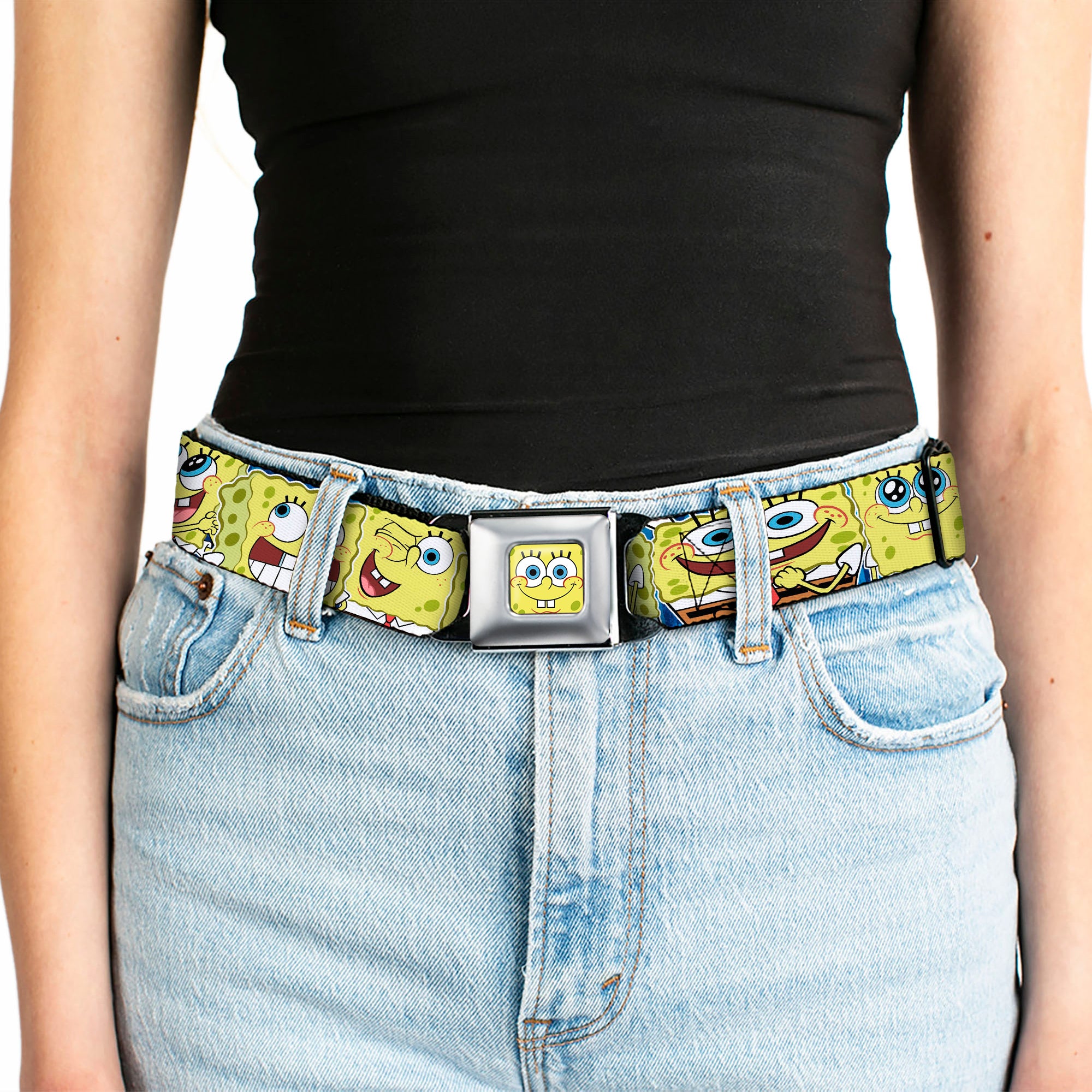 Sponge Bob Face CLOSE-UP Full Color Seatbelt Belt - SpongeBob Expressions Stripe Blue Webbing Seatbelt Belts SpongeBob SquarePants