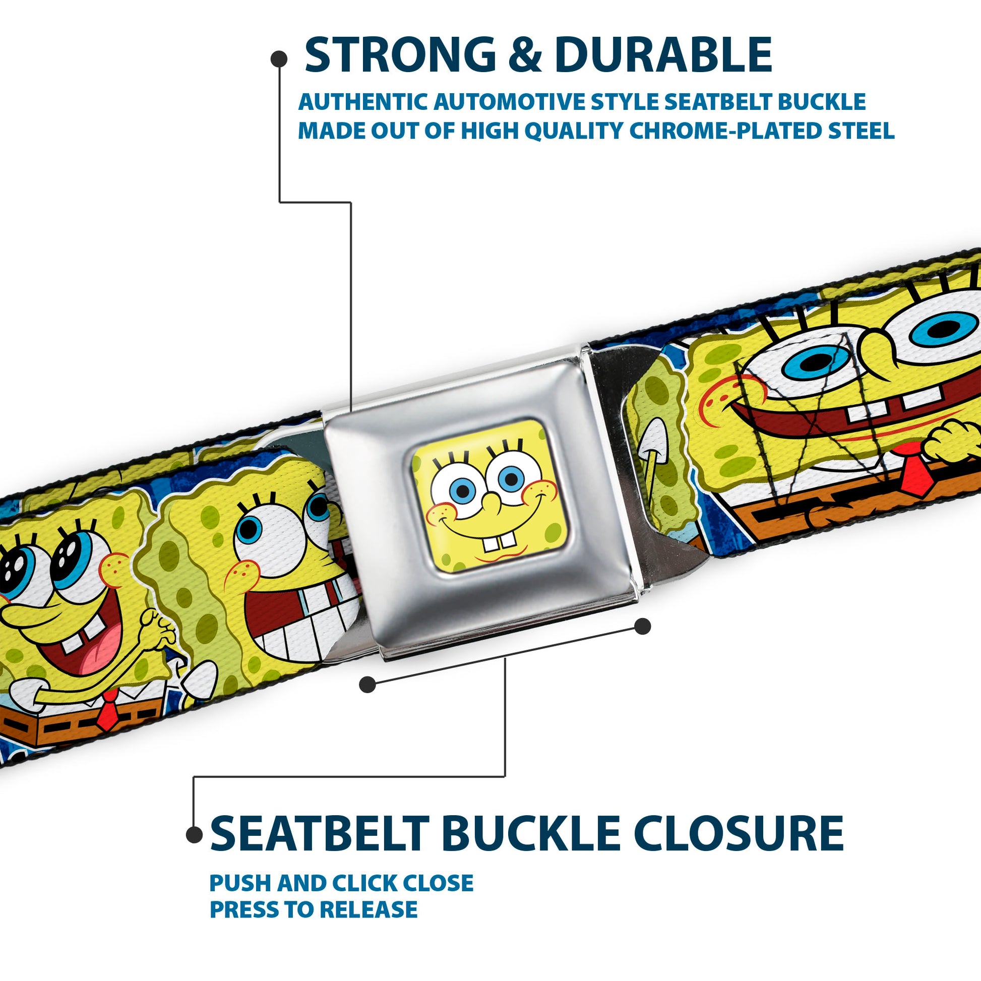 Sponge Bob Face CLOSE-UP Full Color Seatbelt Belt - SpongeBob Expressions Stripe Blue Webbing Seatbelt Belts SpongeBob SquarePants