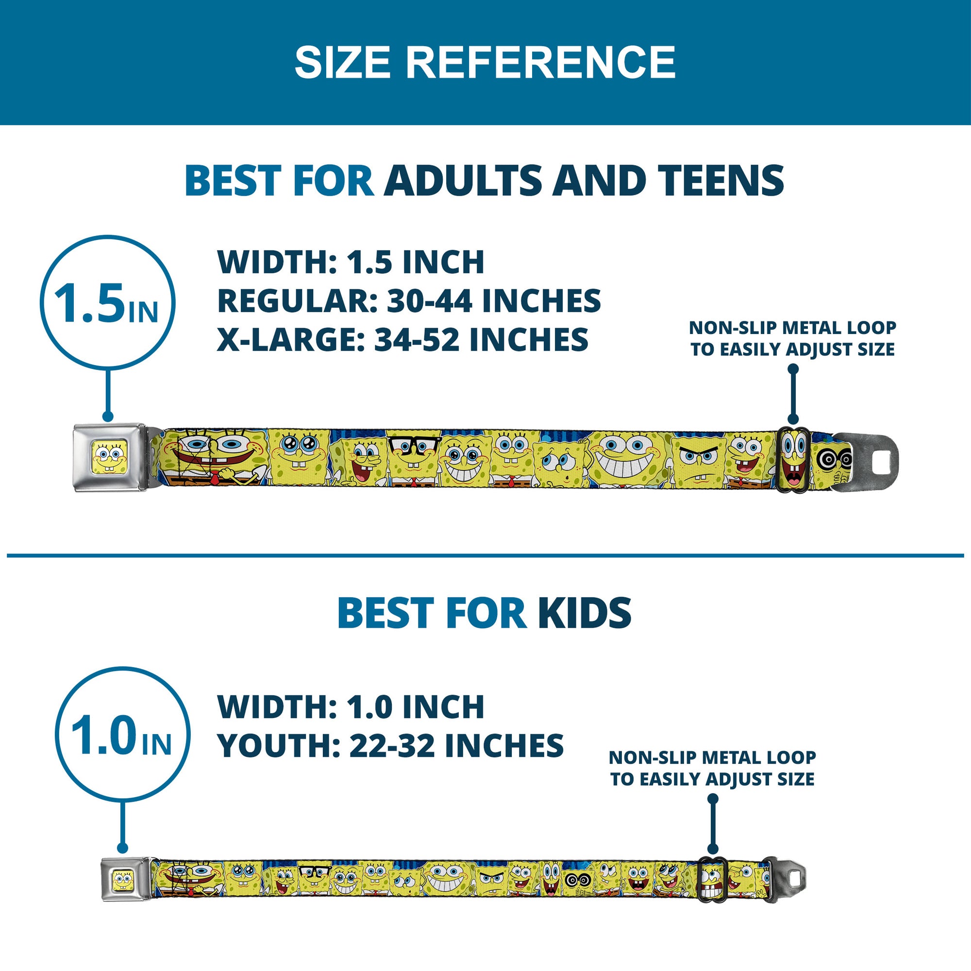 Sponge Bob Face CLOSE-UP Full Color Seatbelt Belt - SpongeBob Expressions Stripe Blue Webbing Seatbelt Belts SpongeBob SquarePants