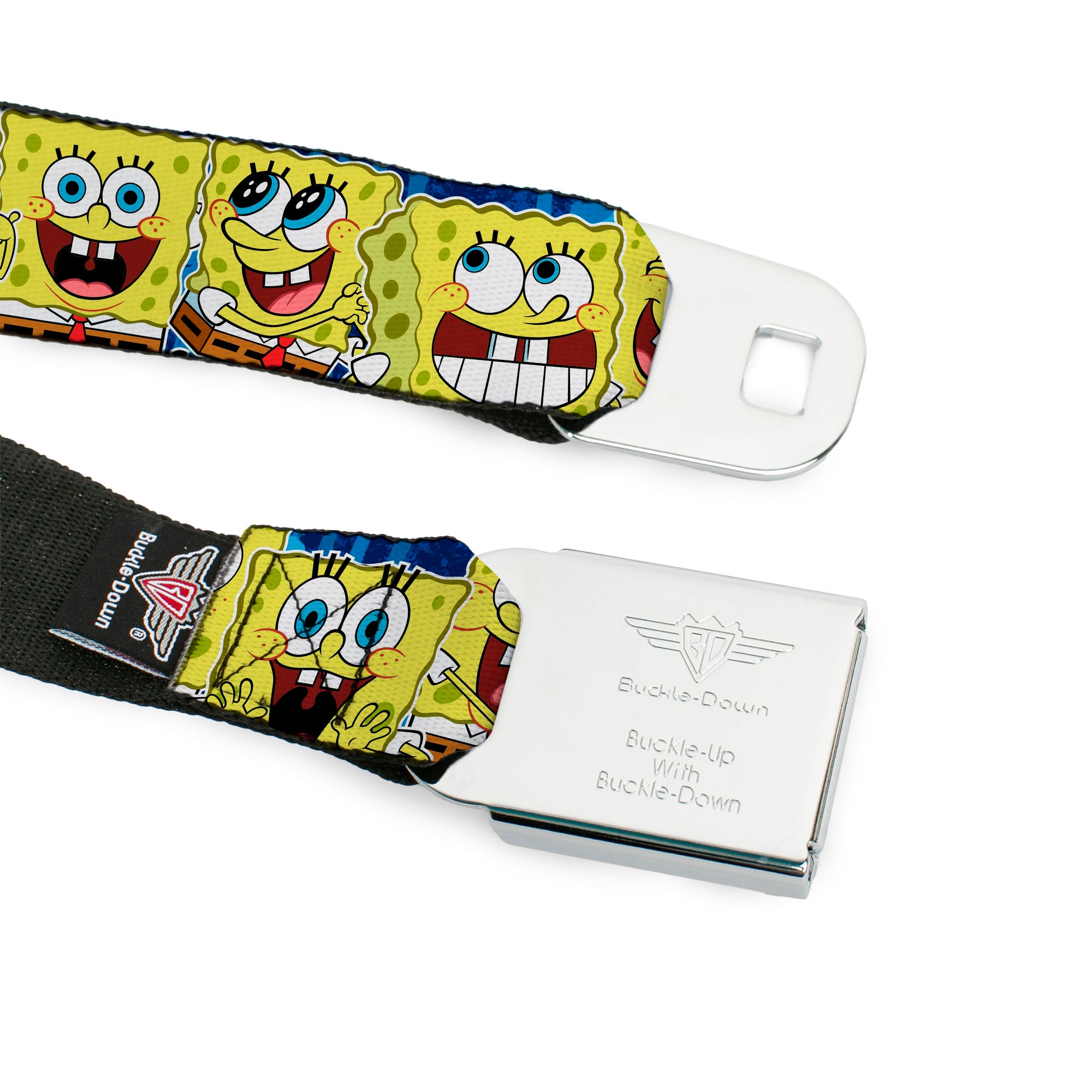 Sponge Bob Face CLOSE-UP Full Color Seatbelt Belt - SpongeBob Expressions Stripe Blue Webbing Seatbelt Belts SpongeBob SquarePants
