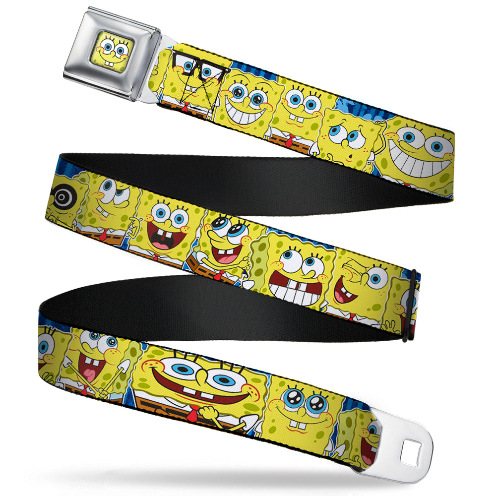 Sponge Bob Face CLOSE-UP Full Color Seatbelt Belt - SpongeBob Expressions Stripe Blue Webbing Seatbelt Belts SpongeBob SquarePants