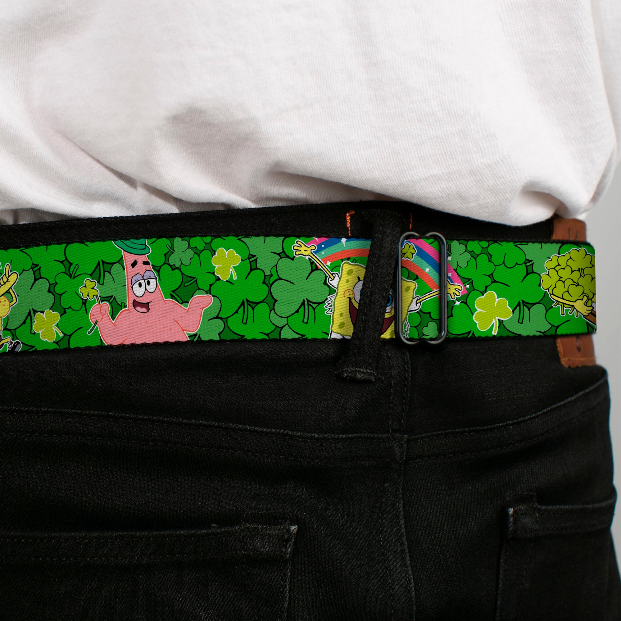 Sponge Bob Face CLOSE-UP Full Color Seatbelt Belt - SpongeBob & Patrick Starfish St. Patrick's Day Poses Webbing Seatbelt Belts SpongeBob SquarePants