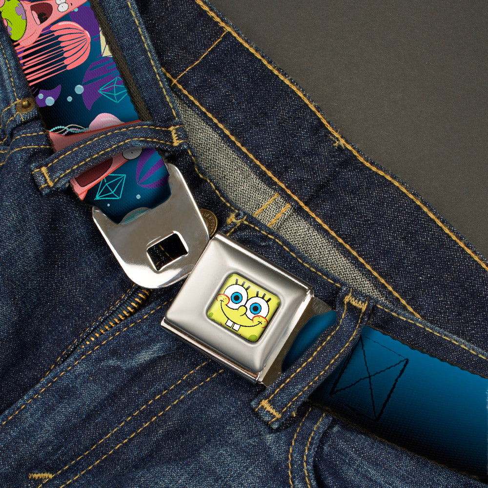 Sponge Bob Face CLOSE-UP Full Color Seatbelt Belt - Surprised Patrick Starfish/Jellyfish Blues/Purple/Pinks Webbing Seatbelt Belts SpongeBob SquarePants