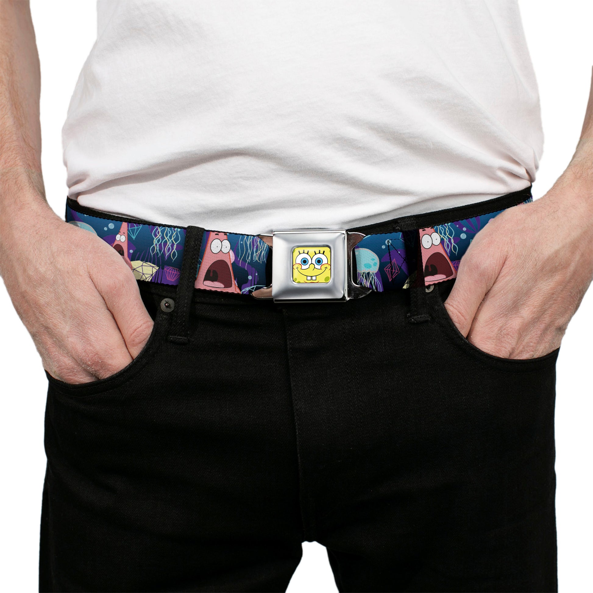 Sponge Bob Face CLOSE-UP Full Color Seatbelt Belt - Surprised Patrick Starfish/Jellyfish Blues/Purple/Pinks Webbing Seatbelt Belts SpongeBob SquarePants