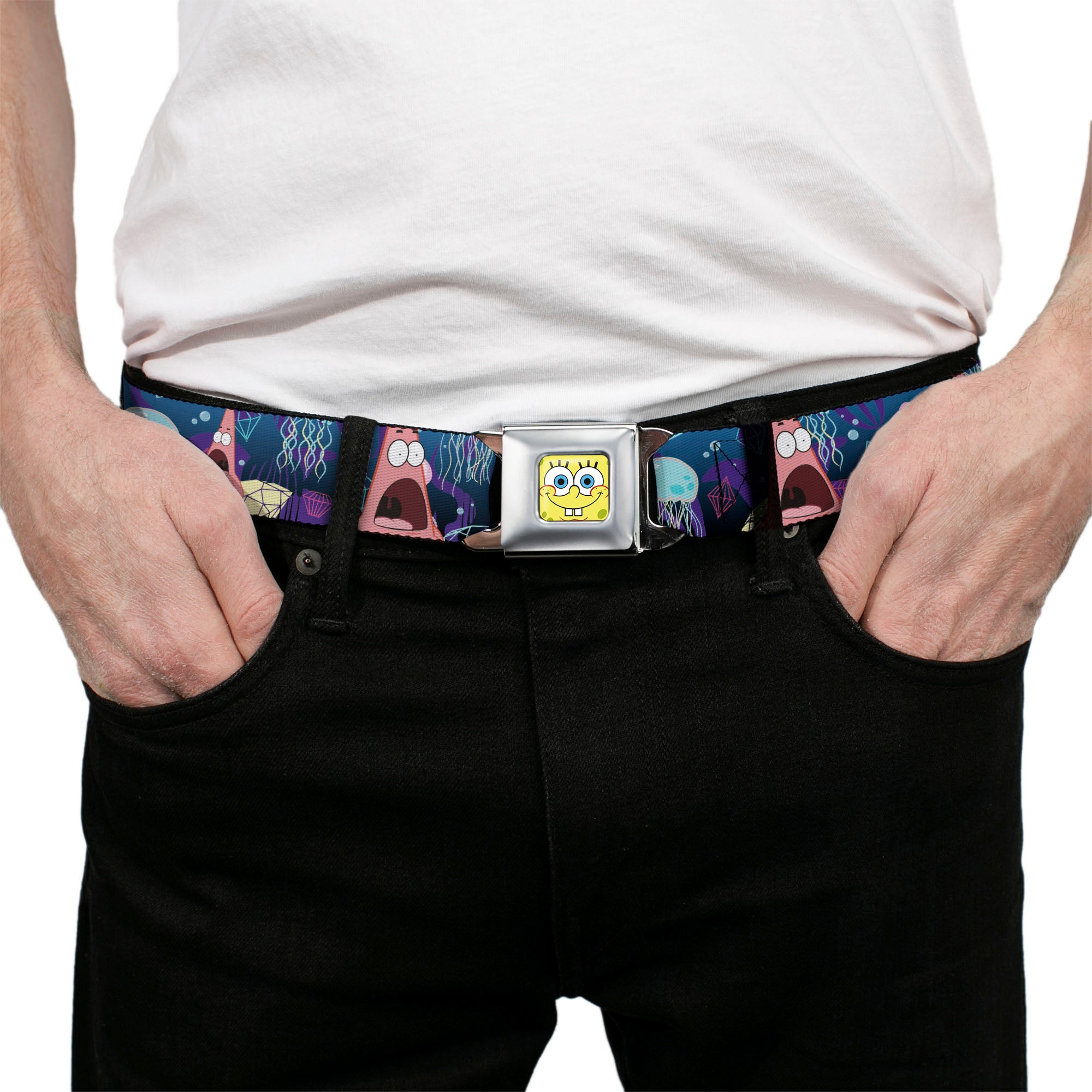 Sponge Bob Face CLOSE-UP Full Color Seatbelt Belt - Surprised Patrick Starfish/Jellyfish Blues/Purple/Pinks Webbing Seatbelt Belts SpongeBob SquarePants