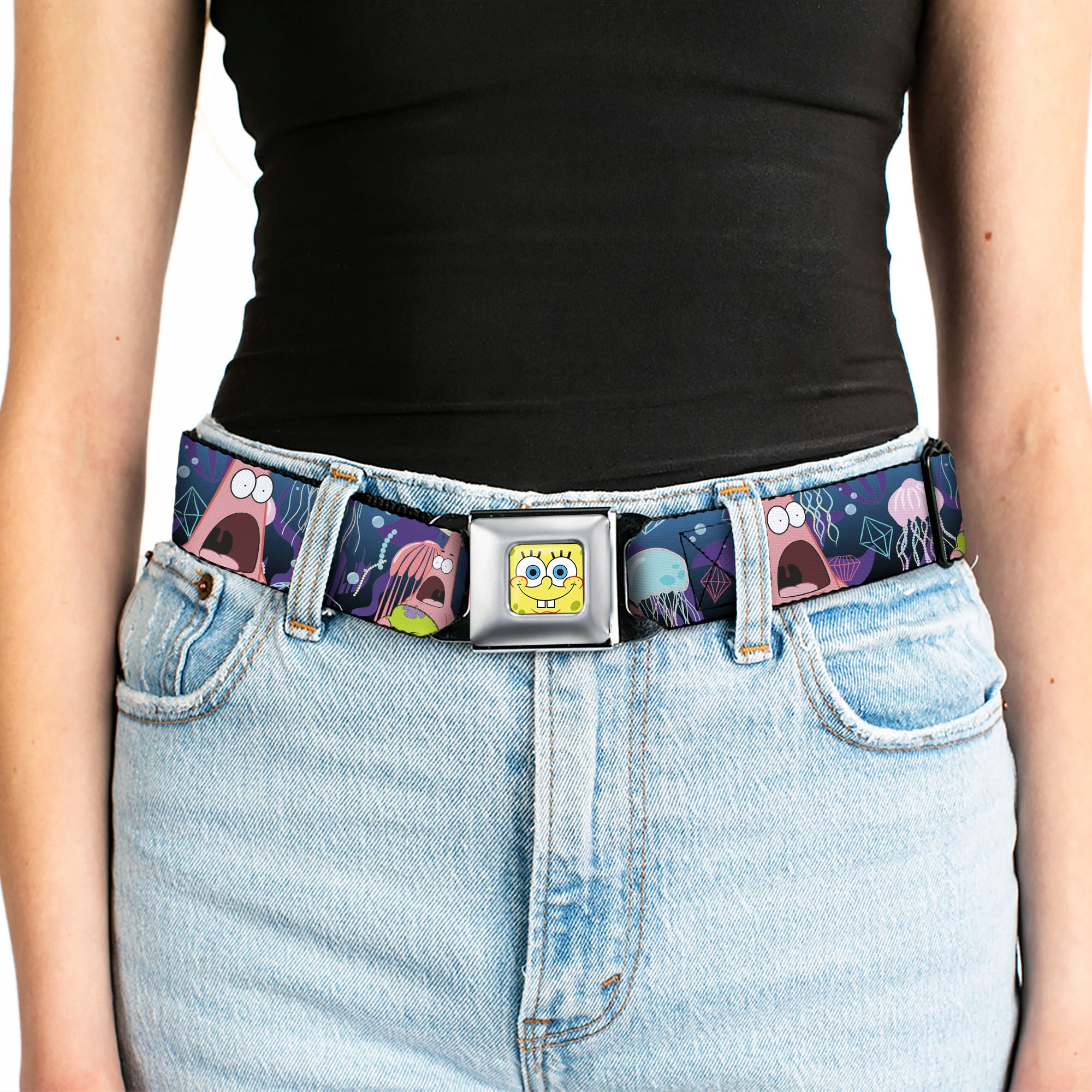 Sponge Bob Face CLOSE-UP Full Color Seatbelt Belt - Surprised Patrick Starfish/Jellyfish Blues/Purple/Pinks Webbing Seatbelt Belts SpongeBob SquarePants