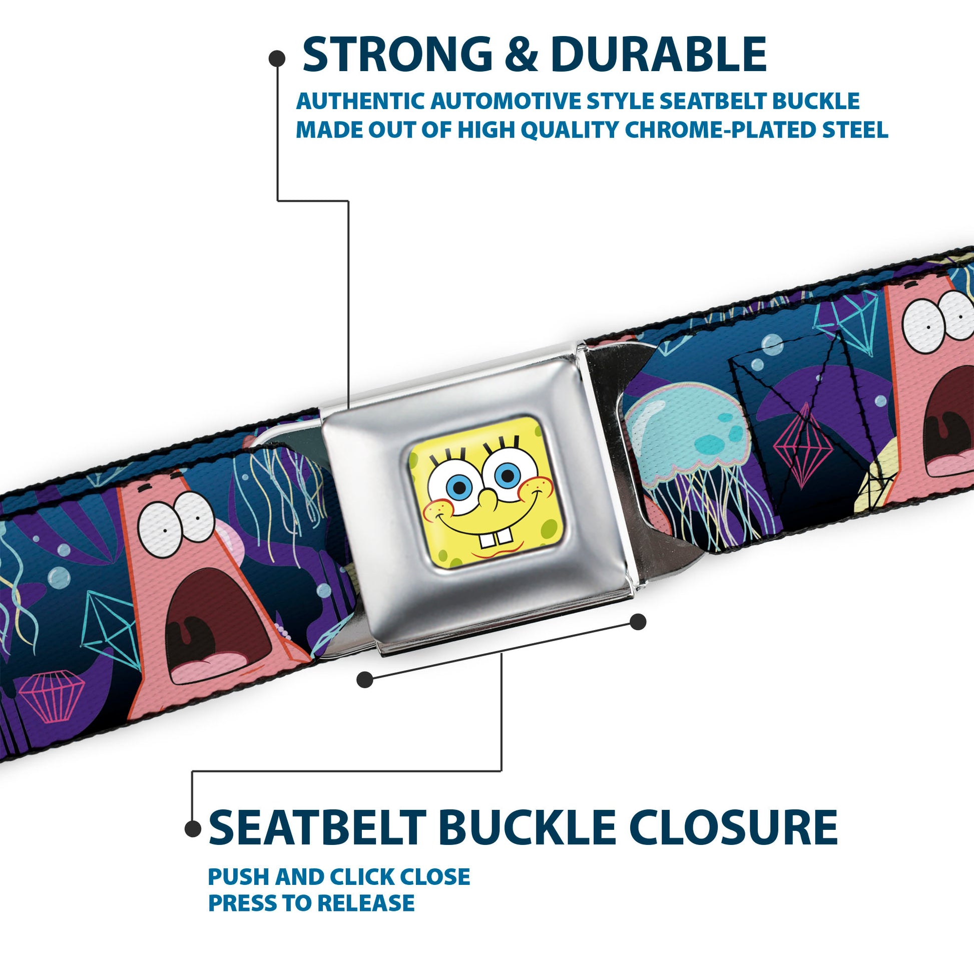 Sponge Bob Face CLOSE-UP Full Color Seatbelt Belt - Surprised Patrick Starfish/Jellyfish Blues/Purple/Pinks Webbing Seatbelt Belts SpongeBob SquarePants