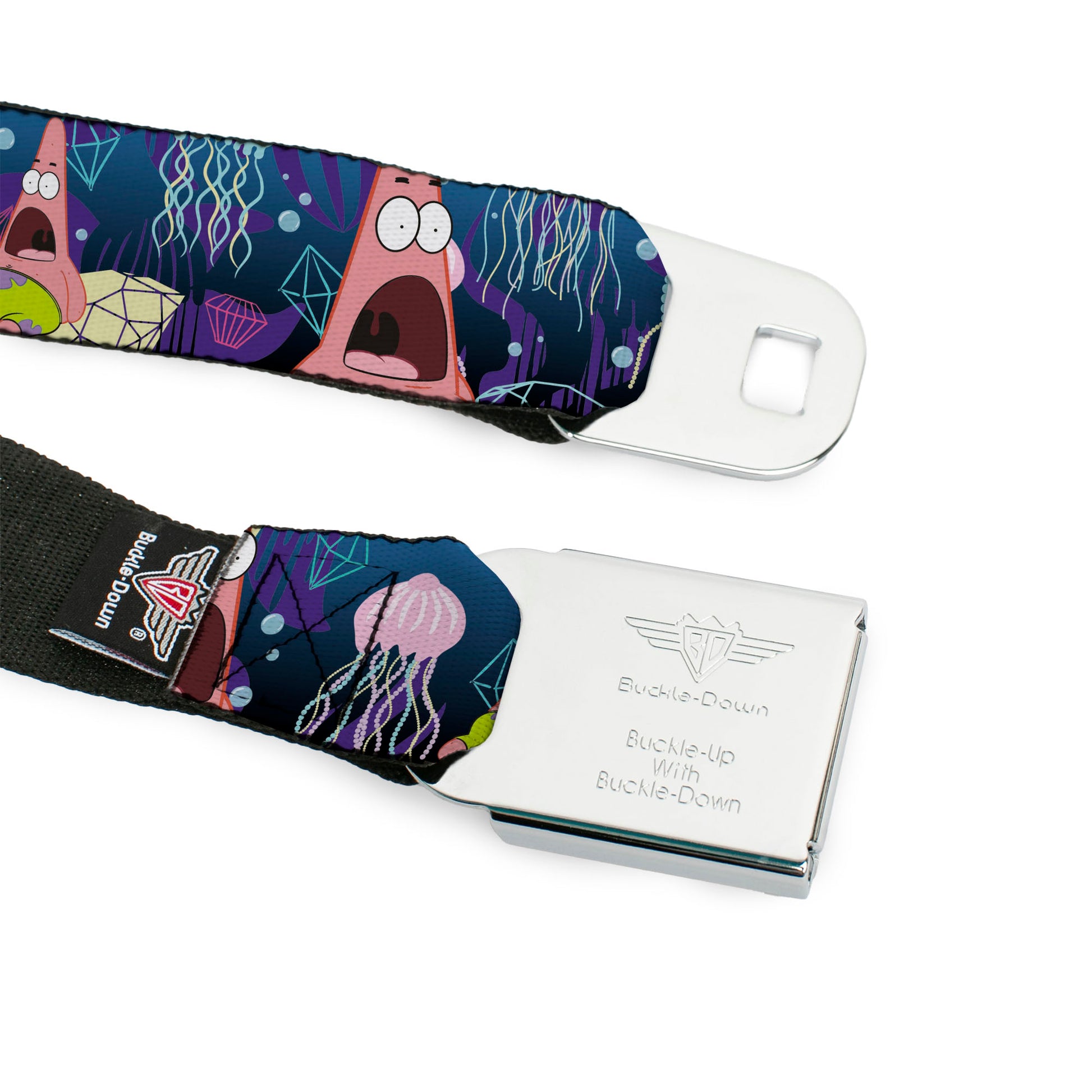 Sponge Bob Face CLOSE-UP Full Color Seatbelt Belt - Surprised Patrick Starfish/Jellyfish Blues/Purple/Pinks Webbing Seatbelt Belts SpongeBob SquarePants