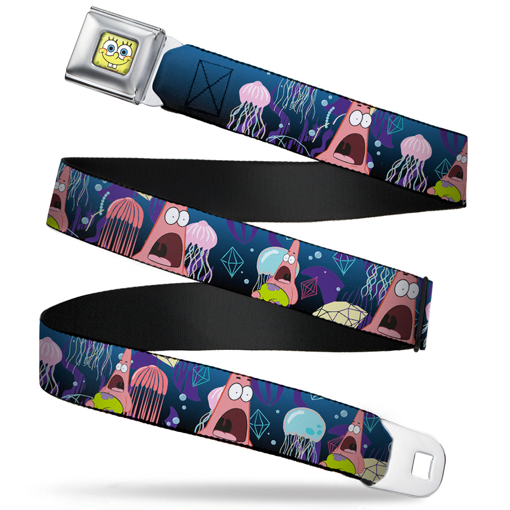Sponge Bob Face CLOSE-UP Full Color Seatbelt Belt - Surprised Patrick Starfish/Jellyfish Blues/Purple/Pinks Webbing Seatbelt Belts SpongeBob SquarePants