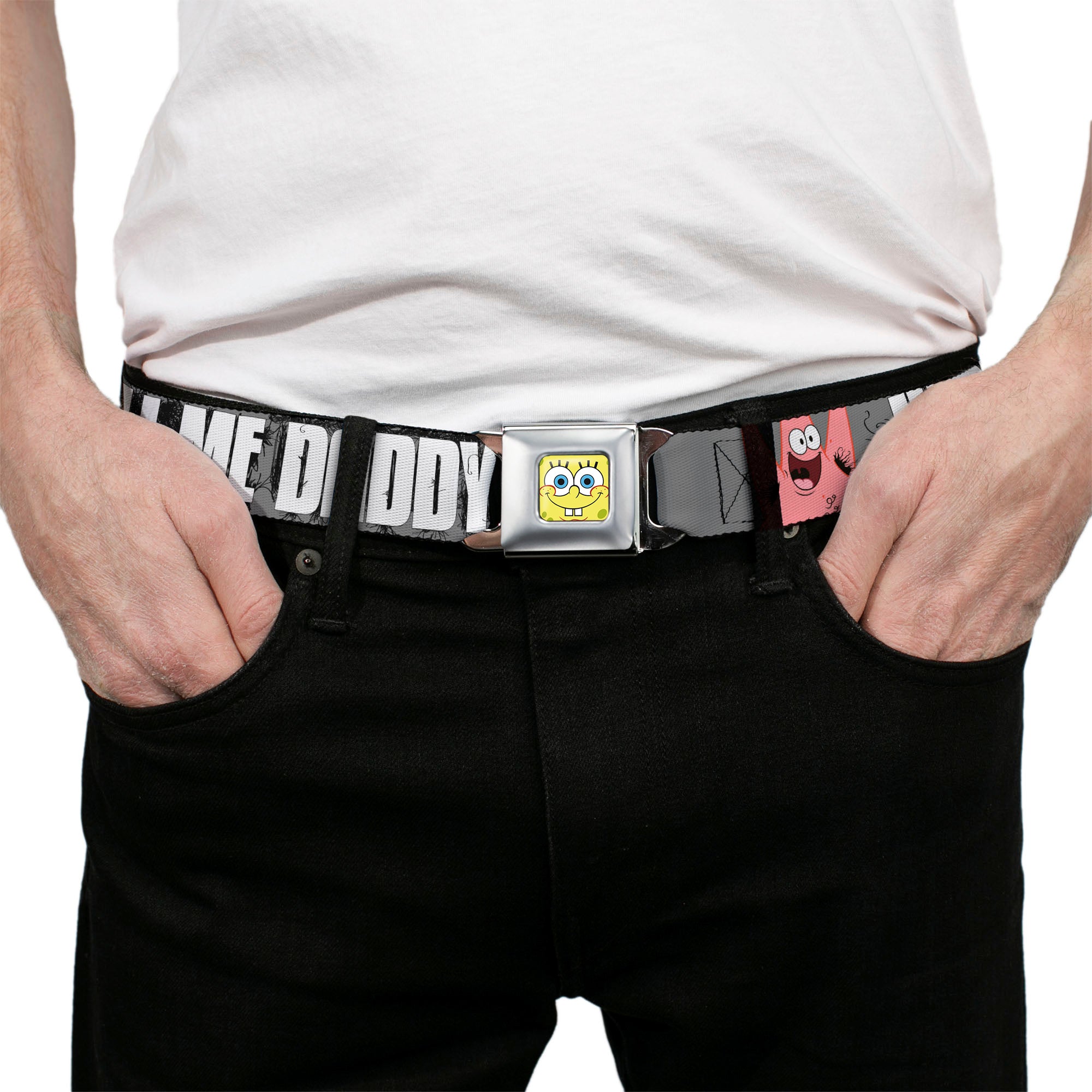 Sponge Bob Face CLOSE-UP Full Color Seatbelt Belt - Hairy Patrick Starfish JUST CALL ME DADDY! Gray/Black/White Webbing Seatbelt Belts Nickelodeon
