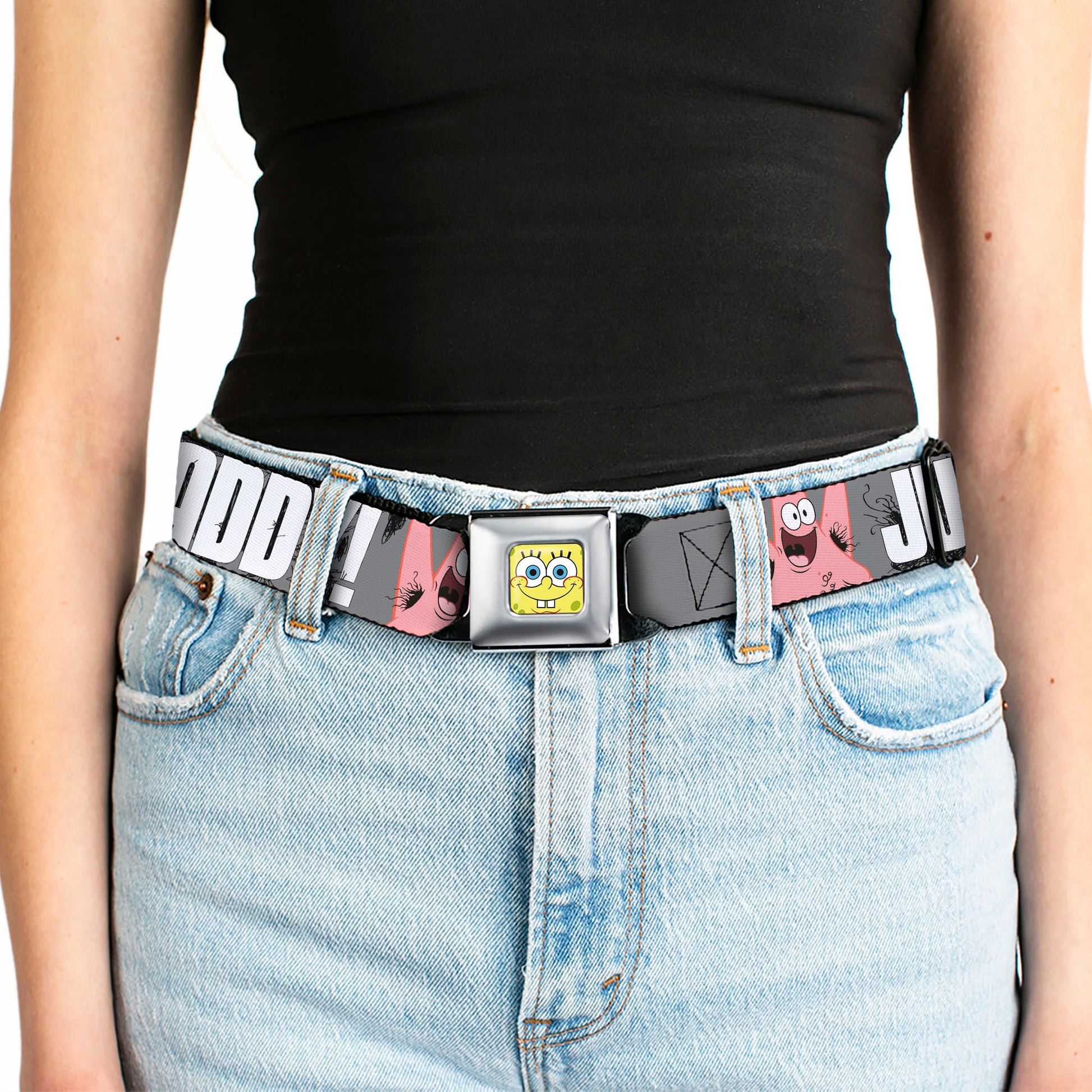 Sponge Bob Face CLOSE-UP Full Color Seatbelt Belt - Hairy Patrick Starfish JUST CALL ME DADDY! Gray/Black/White Webbing Seatbelt Belts Nickelodeon