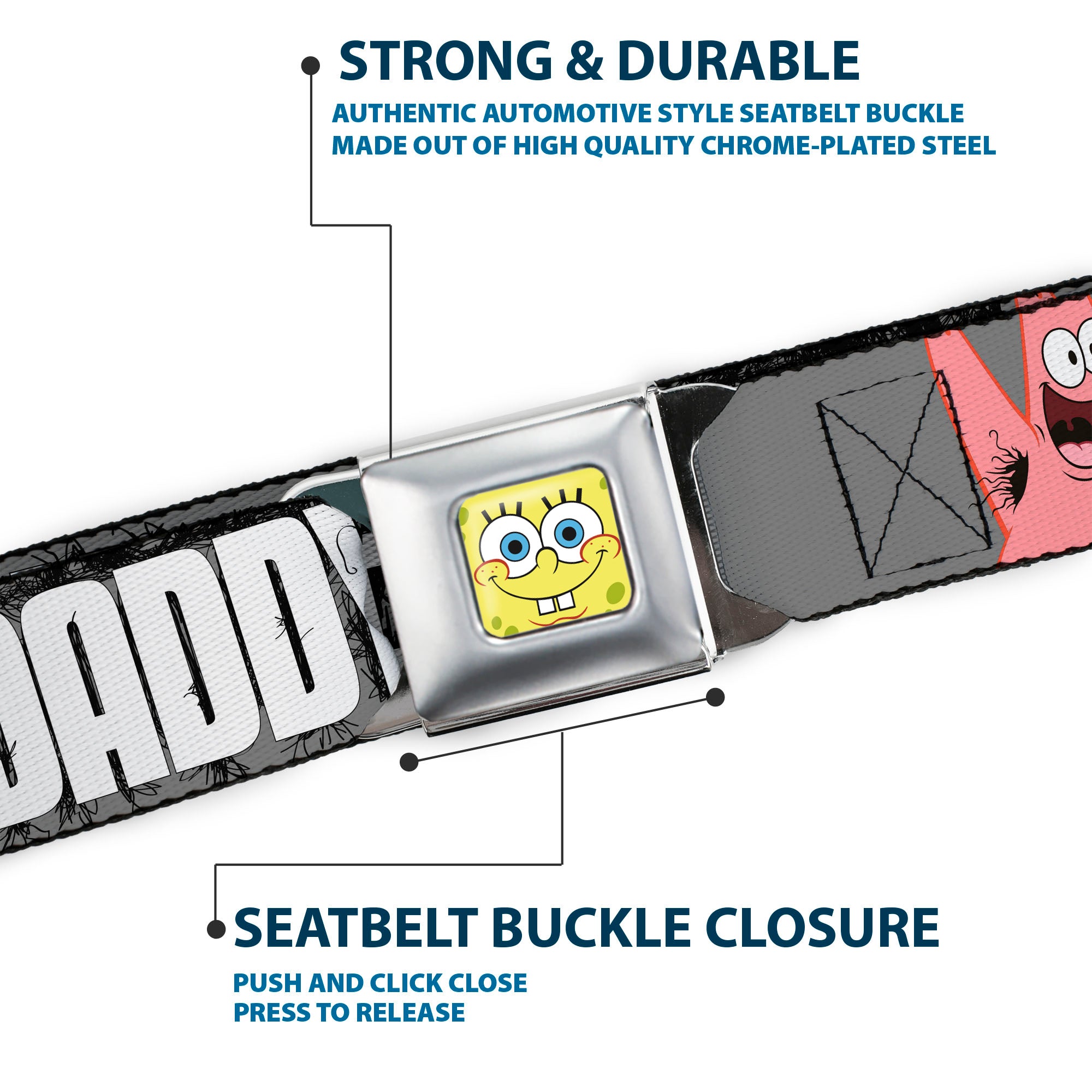 Sponge Bob Face CLOSE-UP Full Color Seatbelt Belt - Hairy Patrick Starfish JUST CALL ME DADDY! Gray/Black/White Webbing Seatbelt Belts Nickelodeon