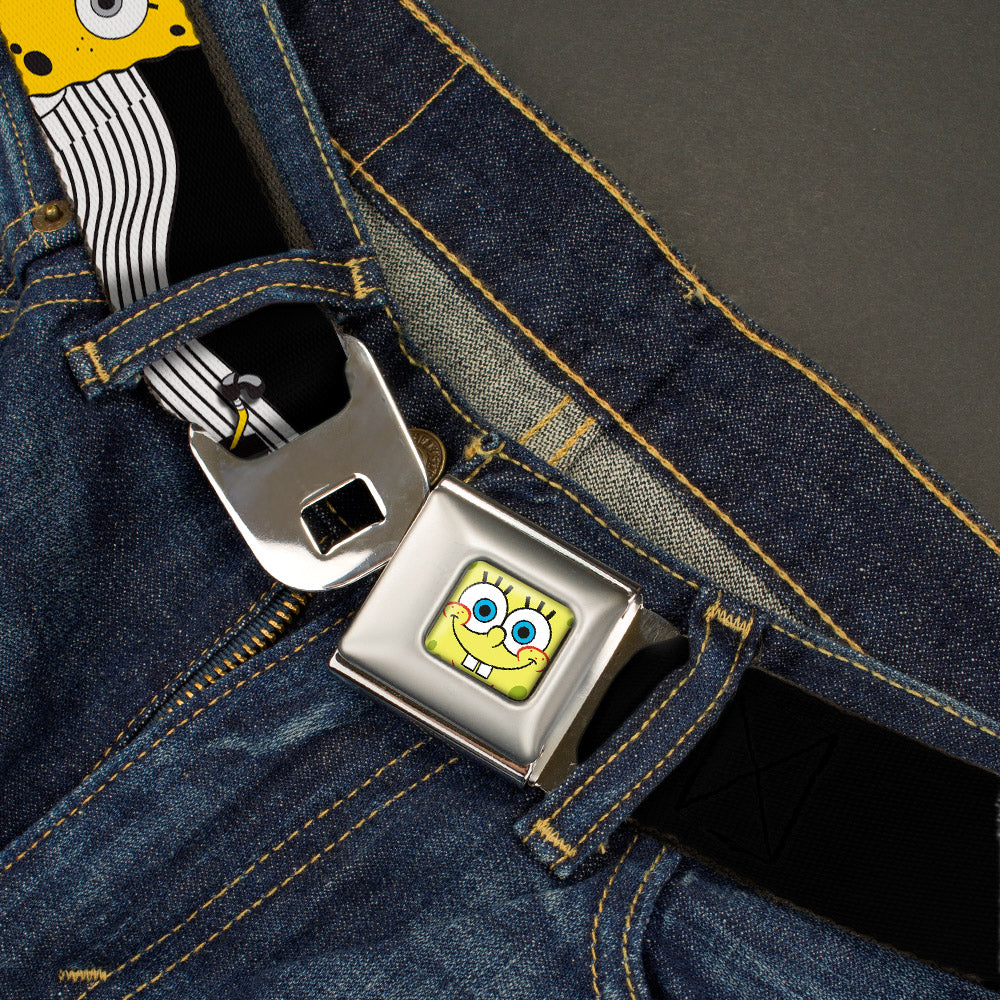 Sponge Bob Face CLOSE-UP Full Color Seatbelt Belt - SpongeBob Action Poses/Wave Black/White/Yellow Webbing Seatbelt Belts SpongeBob SquarePants