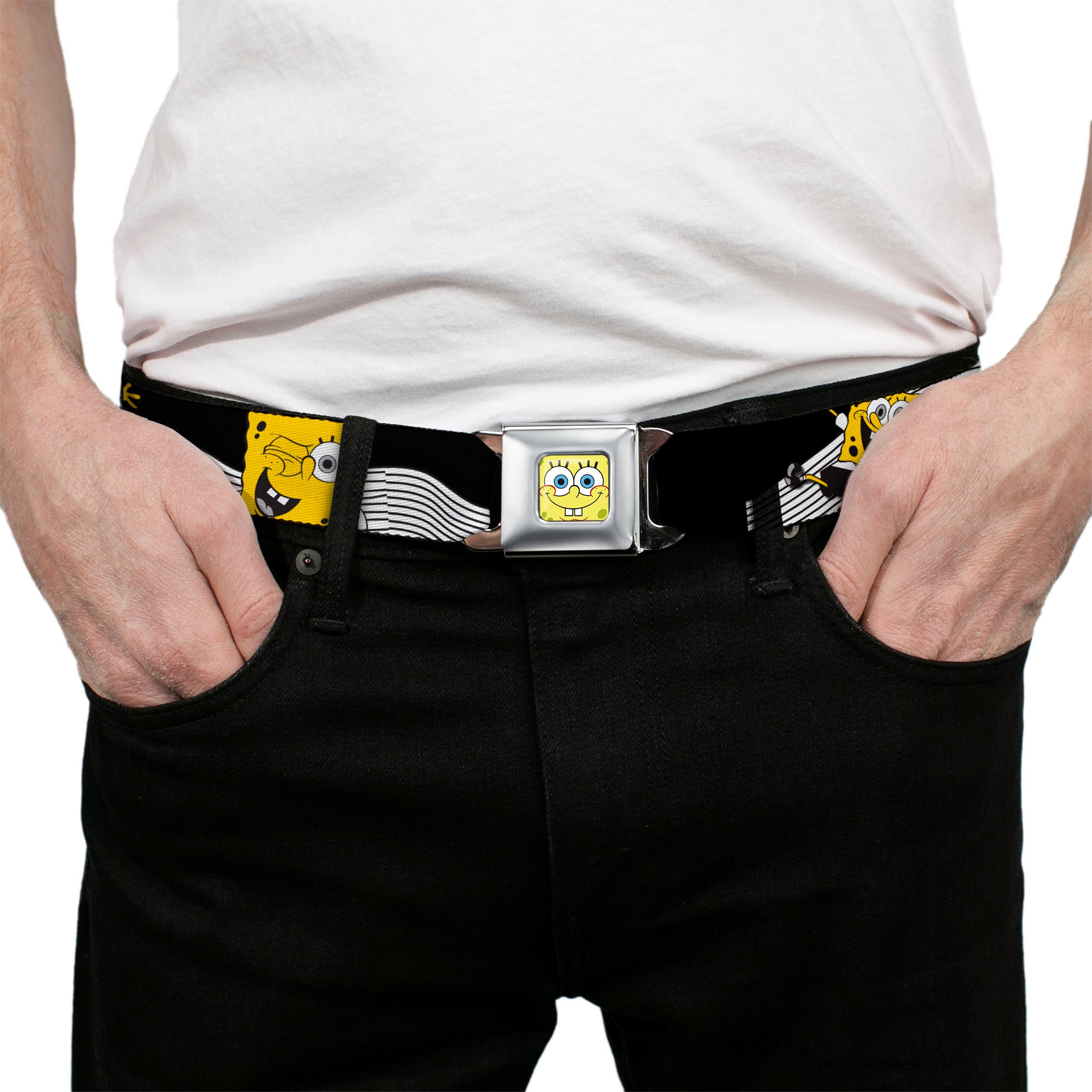 Sponge Bob Face CLOSE-UP Full Color Seatbelt Belt - SpongeBob Action Poses/Wave Black/White/Yellow Webbing Seatbelt Belts SpongeBob SquarePants