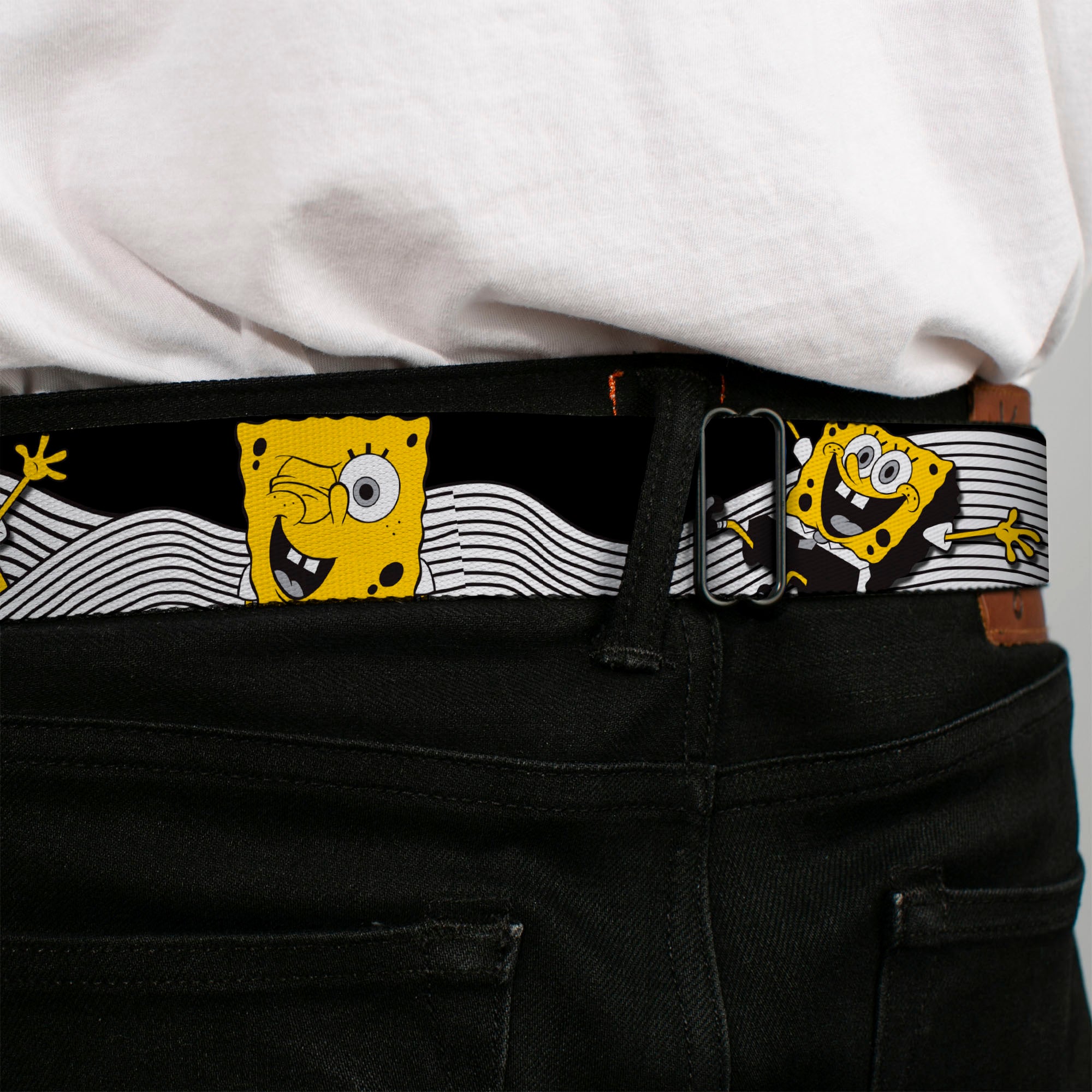 Sponge Bob Face CLOSE-UP Full Color Seatbelt Belt - SpongeBob Action Poses/Wave Black/White/Yellow Webbing Seatbelt Belts SpongeBob SquarePants