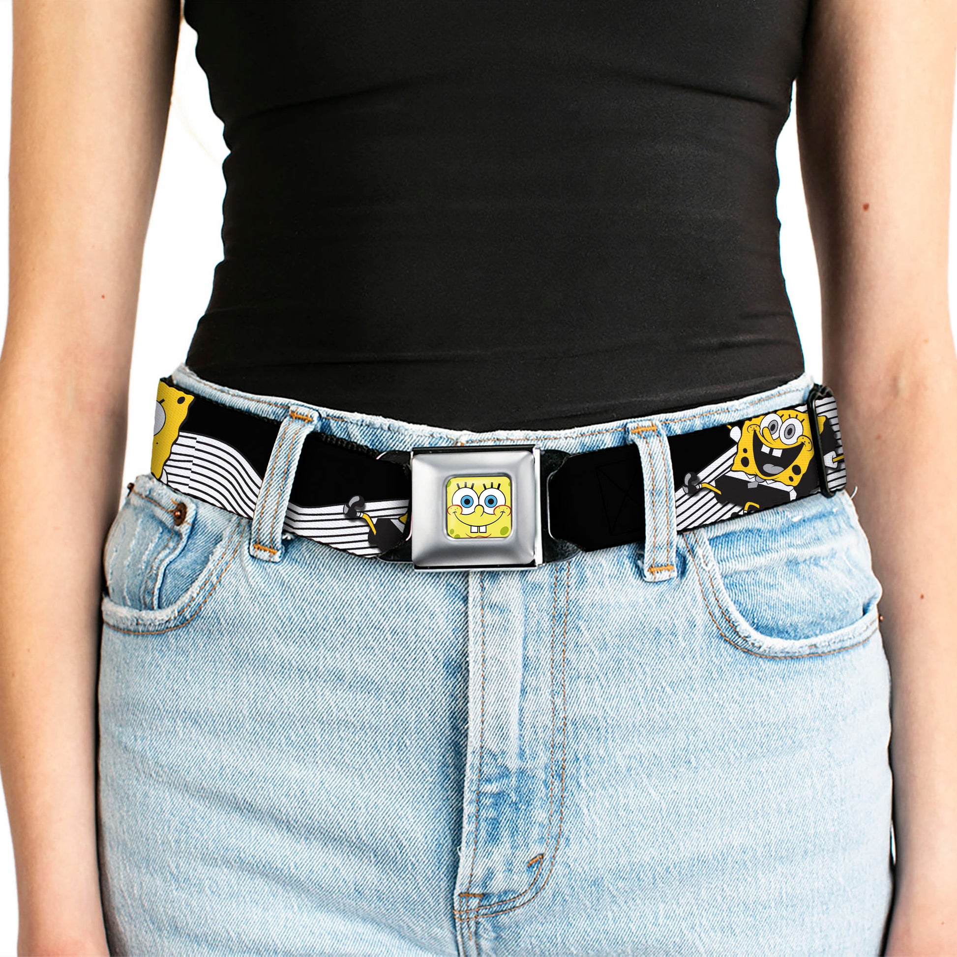 Sponge Bob Face CLOSE-UP Full Color Seatbelt Belt - SpongeBob Action Poses/Wave Black/White/Yellow Webbing Seatbelt Belts SpongeBob SquarePants