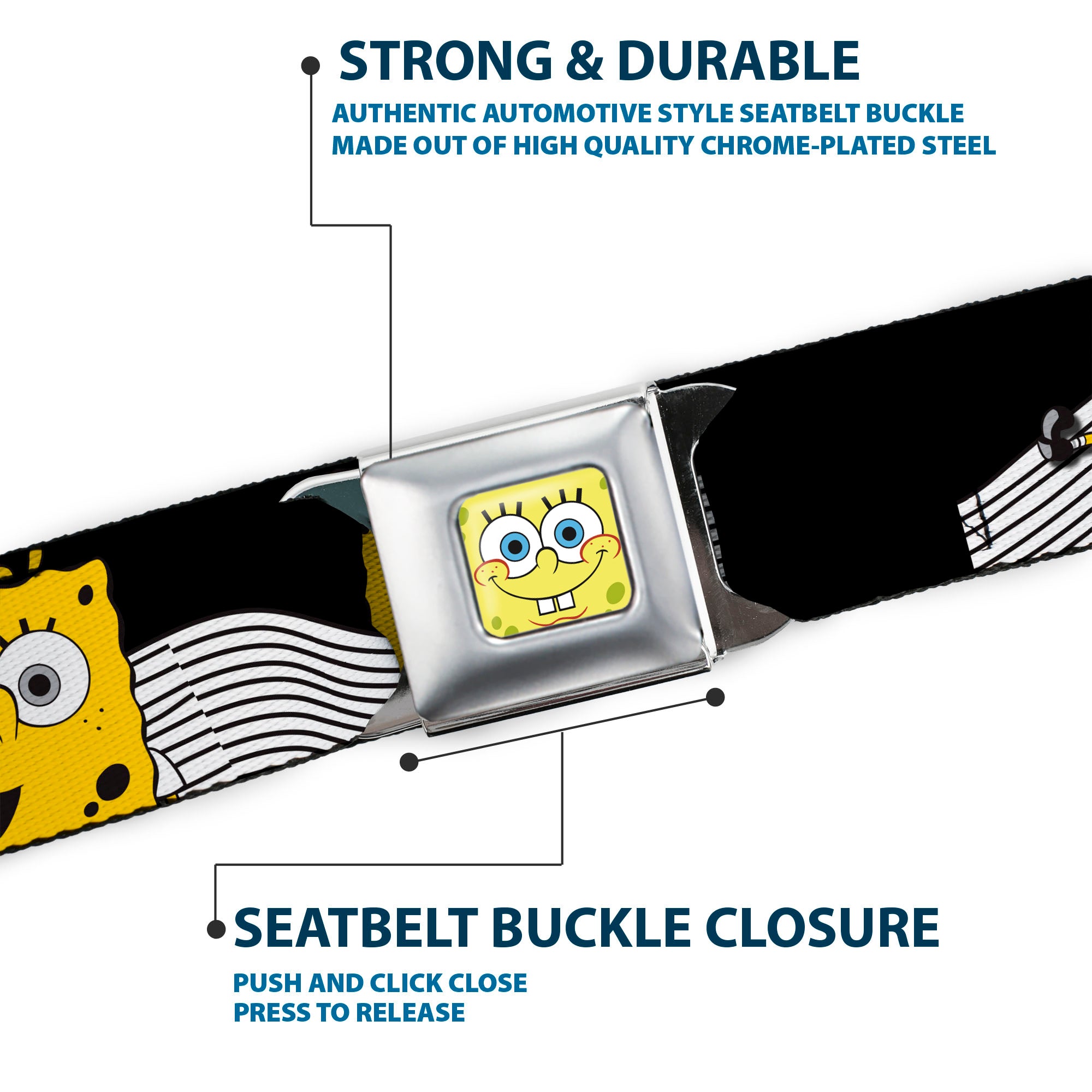 Sponge Bob Face CLOSE-UP Full Color Seatbelt Belt - SpongeBob Action Poses/Wave Black/White/Yellow Webbing Seatbelt Belts SpongeBob SquarePants