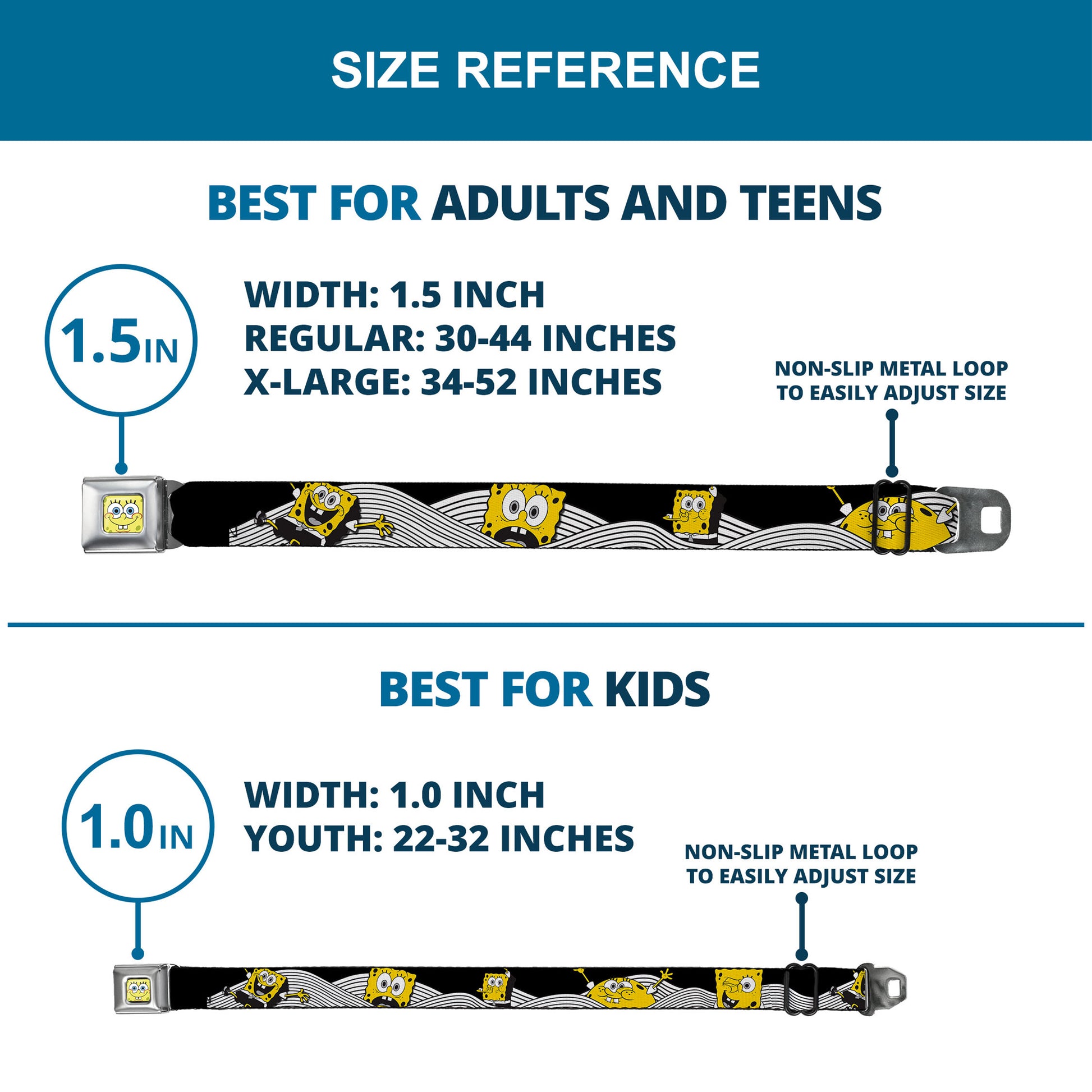 Sponge Bob Face CLOSE-UP Full Color Seatbelt Belt - SpongeBob Action Poses/Wave Black/White/Yellow Webbing Seatbelt Belts SpongeBob SquarePants