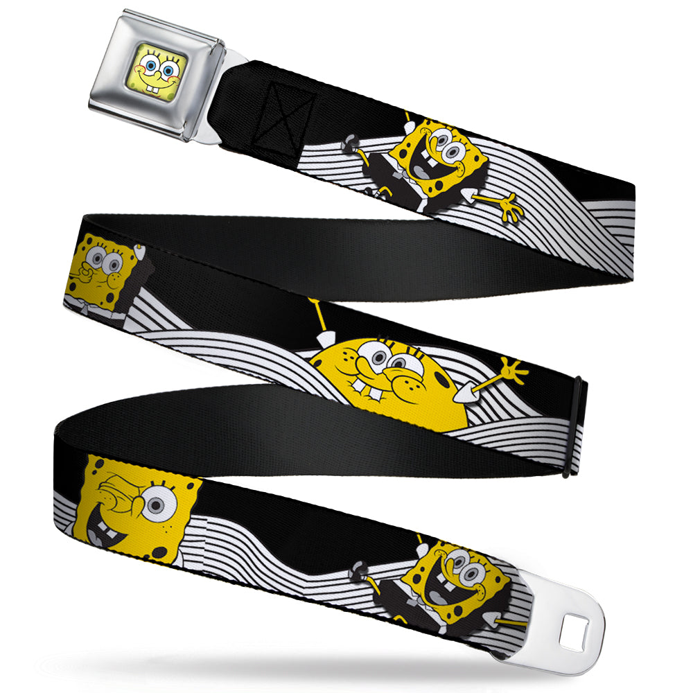 Sponge Bob Face CLOSE-UP Full Color Seatbelt Belt - SpongeBob Action Poses/Wave Black/White/Yellow Webbing Seatbelt Belts SpongeBob SquarePants