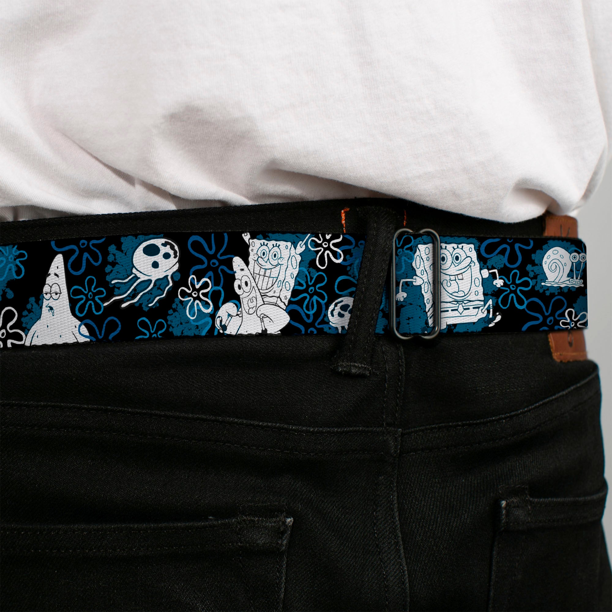 Sponge Bob Face CLOSE-UP Full Color Seatbelt Belt - SpongeBob, Patrick Starfish & Gary the Snail/Flowers Black/Blue/White Webbing Seatbelt Belts SpongeBob SquarePants