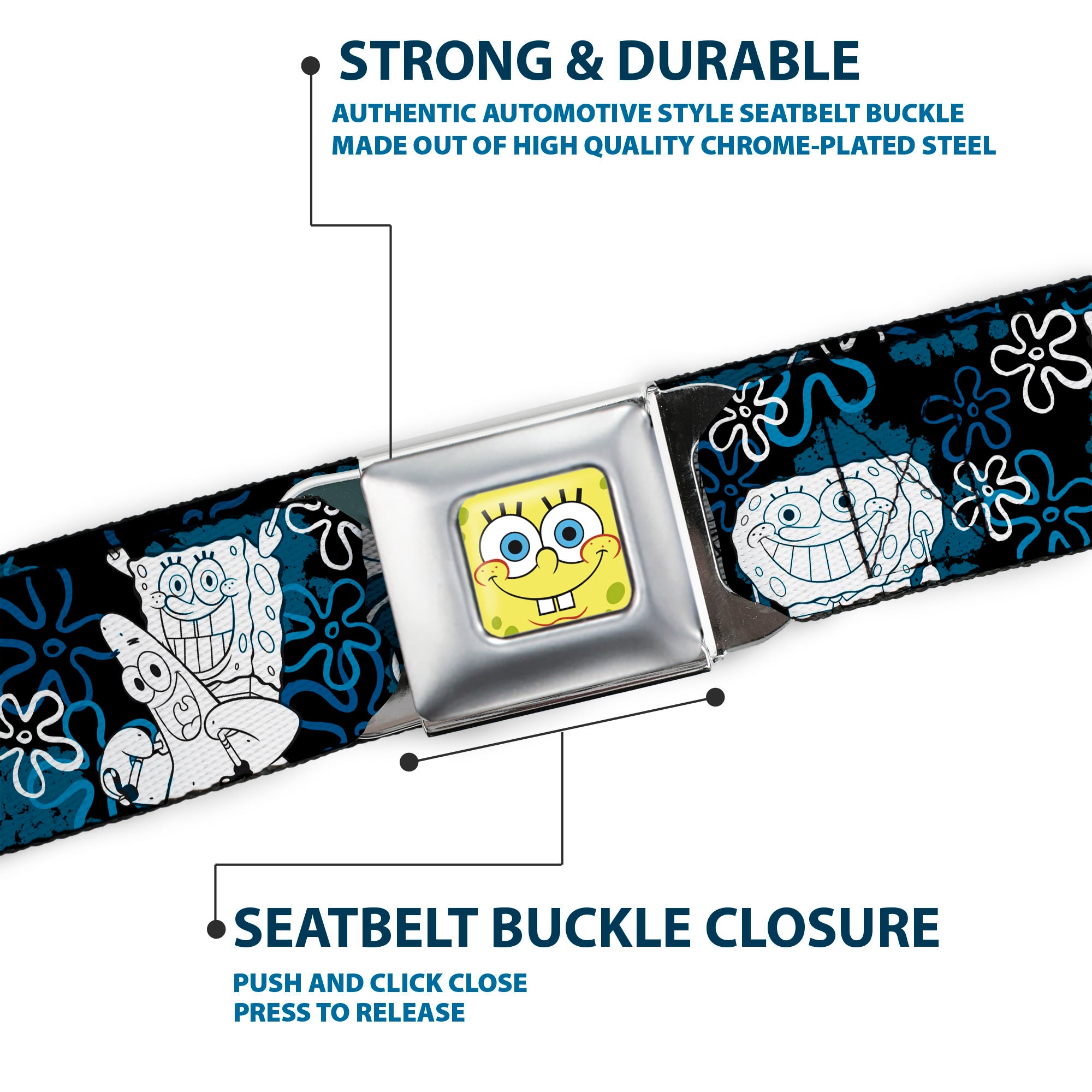 Sponge Bob Face CLOSE-UP Full Color Seatbelt Belt - SpongeBob, Patrick Starfish & Gary the Snail/Flowers Black/Blue/White Webbing Seatbelt Belts SpongeBob SquarePants