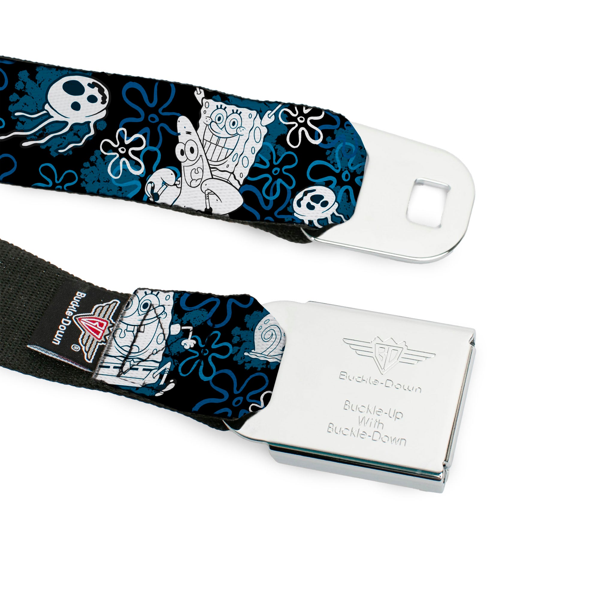 Sponge Bob Face CLOSE-UP Full Color Seatbelt Belt - SpongeBob, Patrick Starfish & Gary the Snail/Flowers Black/Blue/White Webbing Seatbelt Belts SpongeBob SquarePants