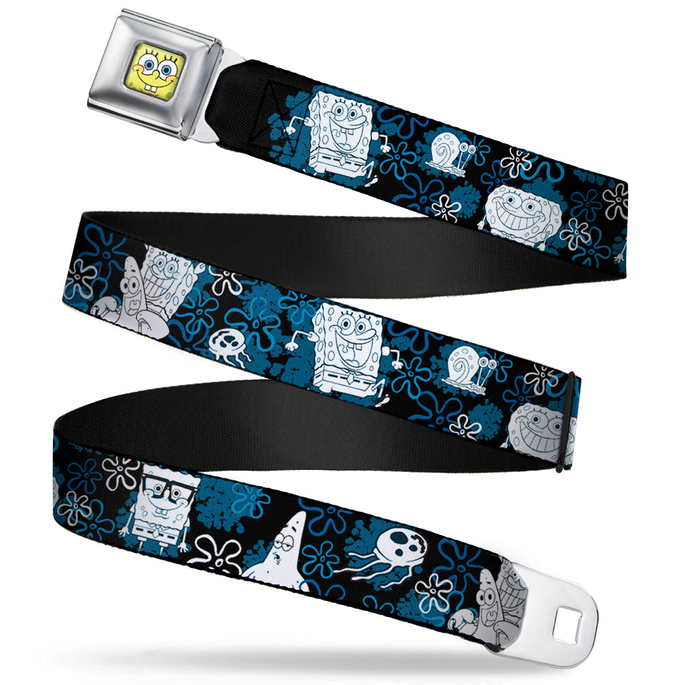 Sponge Bob Face CLOSE-UP Full Color Seatbelt Belt - SpongeBob, Patrick Starfish & Gary the Snail/Flowers Black/Blue/White Webbing Seatbelt Belts SpongeBob SquarePants