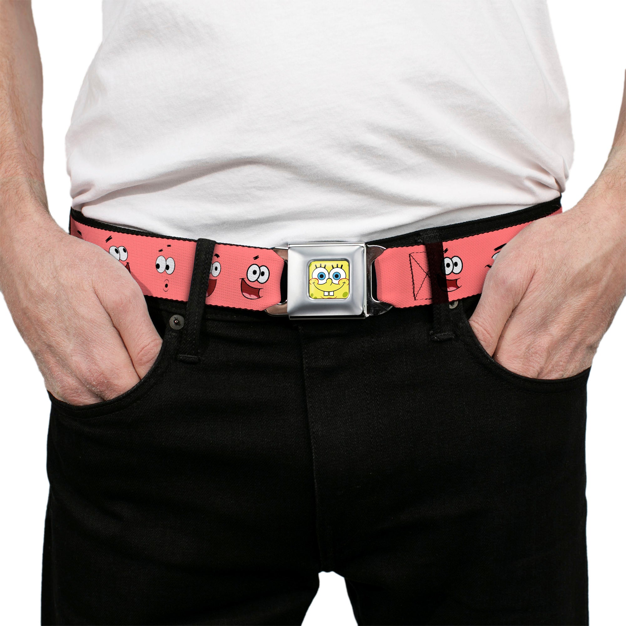 Sponge Bob Face CLOSE-UP Full Color Seatbelt Belt - Patrick Starfish Expressions Pink Webbing Seatbelt Belts SpongeBob SquarePants
