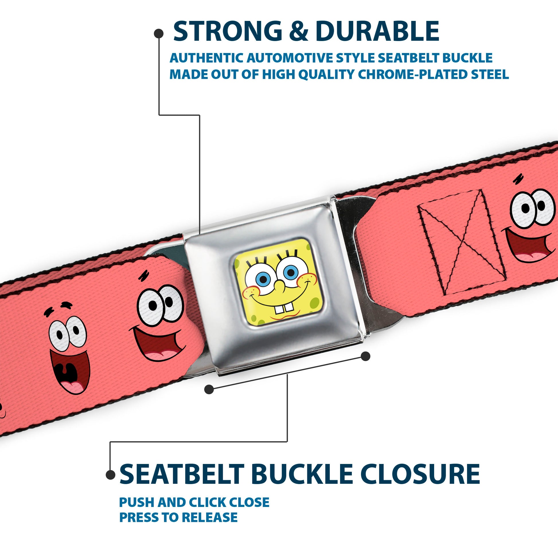 Sponge Bob Face CLOSE-UP Full Color Seatbelt Belt - Patrick Starfish Expressions Pink Webbing Seatbelt Belts SpongeBob SquarePants