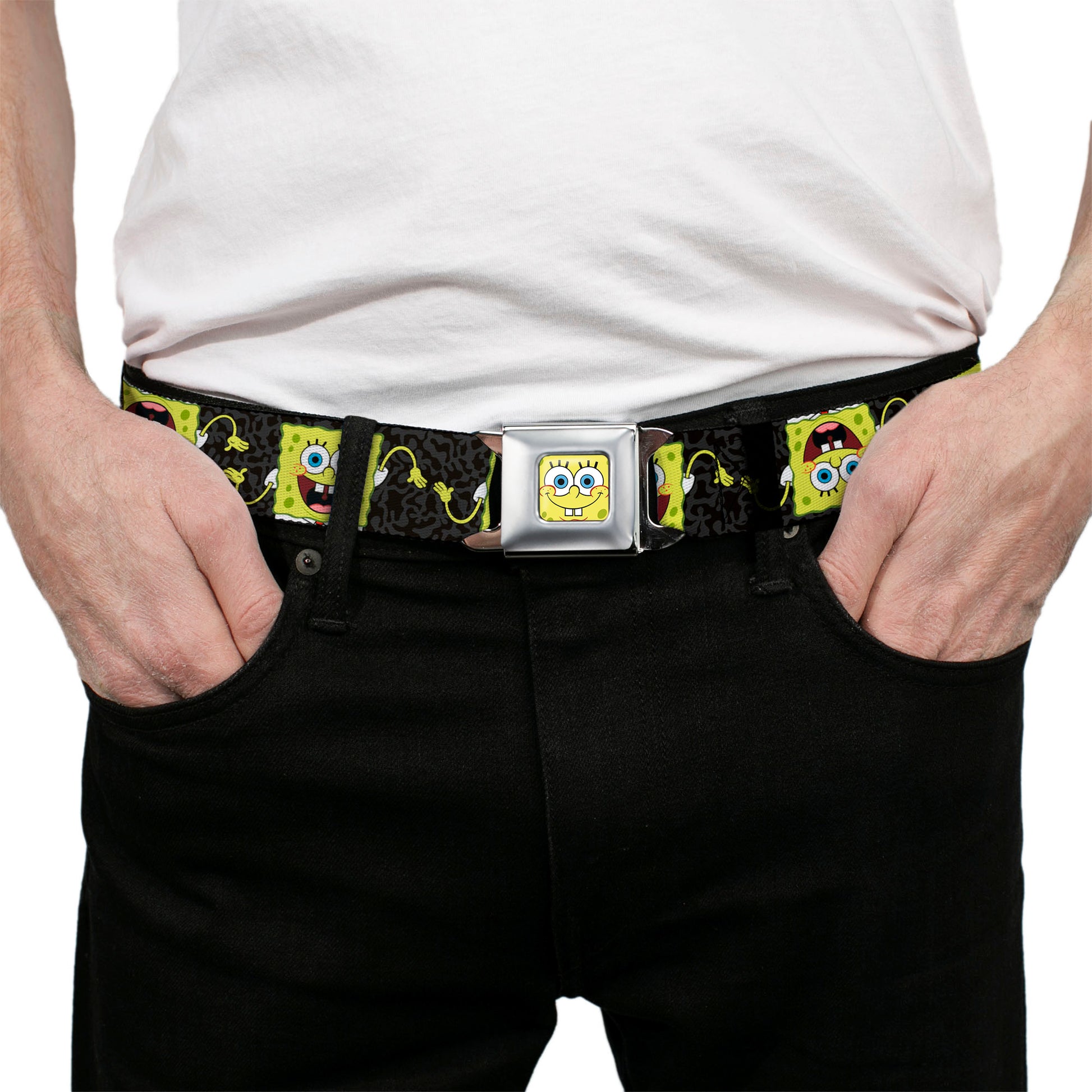 Sponge Bob Face CLOSE-UP Full Color Seatbelt Belt - SpongeBob Pose Flip/Camo Gray/Black Webbing Seatbelt Belts SpongeBob SquarePants