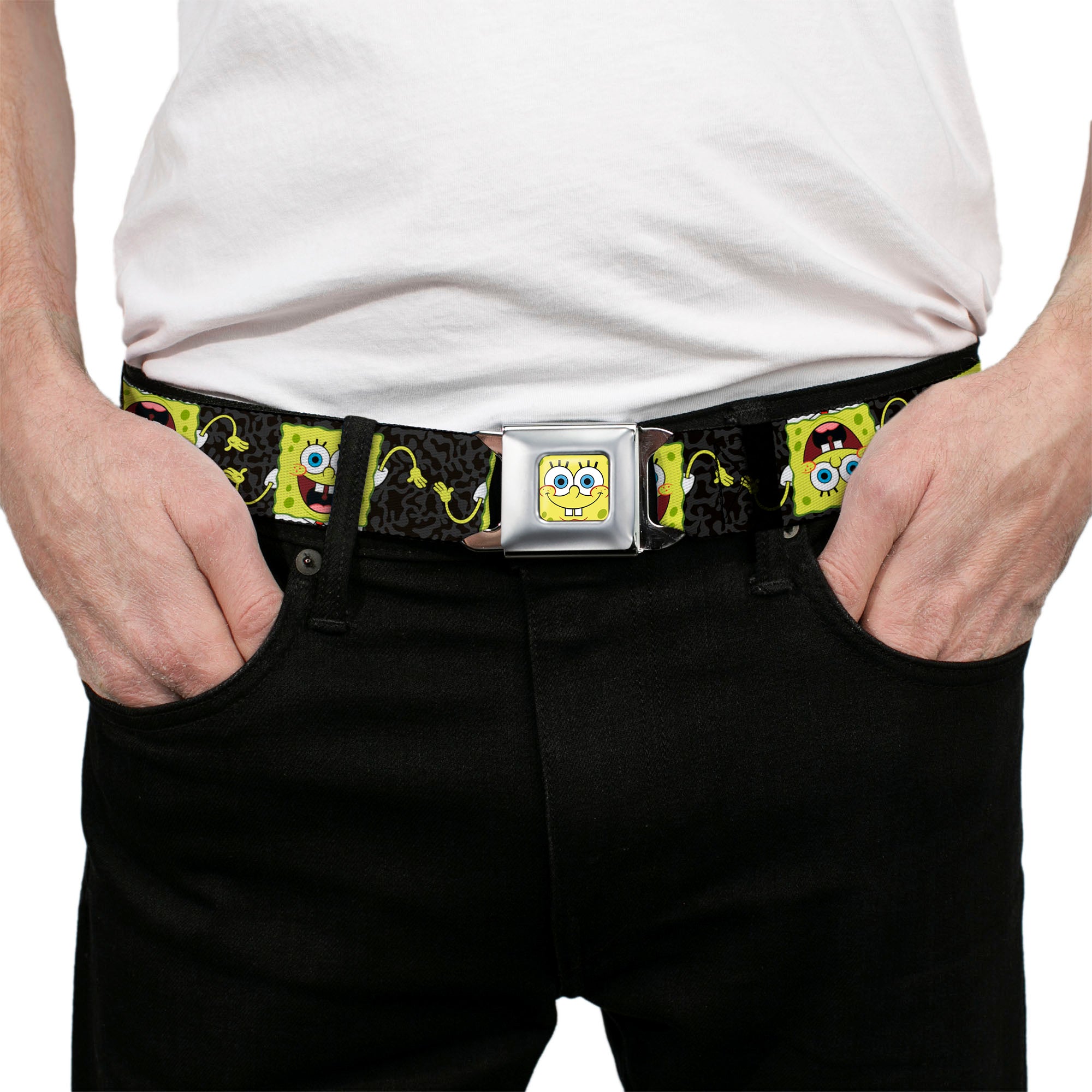 Sponge Bob Face CLOSE-UP Full Color Seatbelt Belt - SpongeBob Pose Flip/Camo Gray/Black Webbing Seatbelt Belts SpongeBob SquarePants