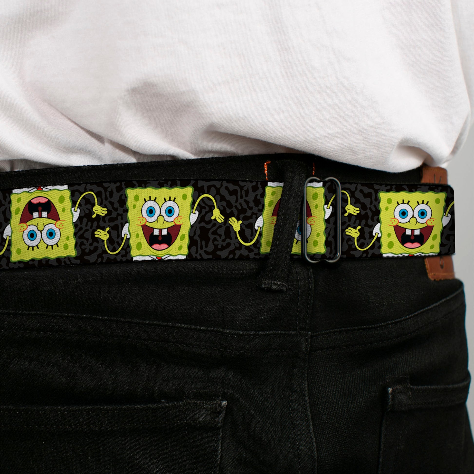 Sponge Bob Face CLOSE-UP Full Color Seatbelt Belt - SpongeBob Pose Flip/Camo Gray/Black Webbing Seatbelt Belts SpongeBob SquarePants