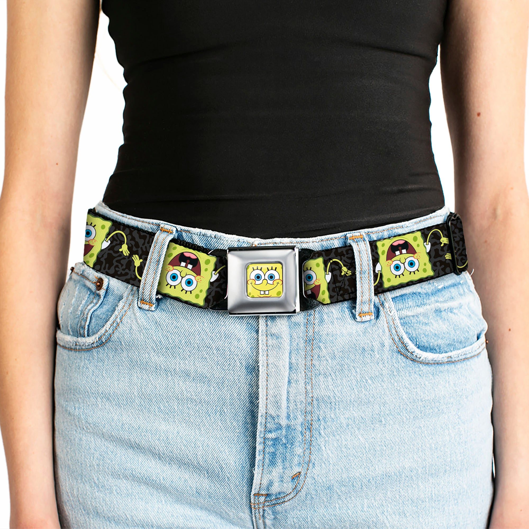 Sponge Bob Face CLOSE-UP Full Color Seatbelt Belt - SpongeBob Pose Flip/Camo Gray/Black Webbing Seatbelt Belts SpongeBob SquarePants