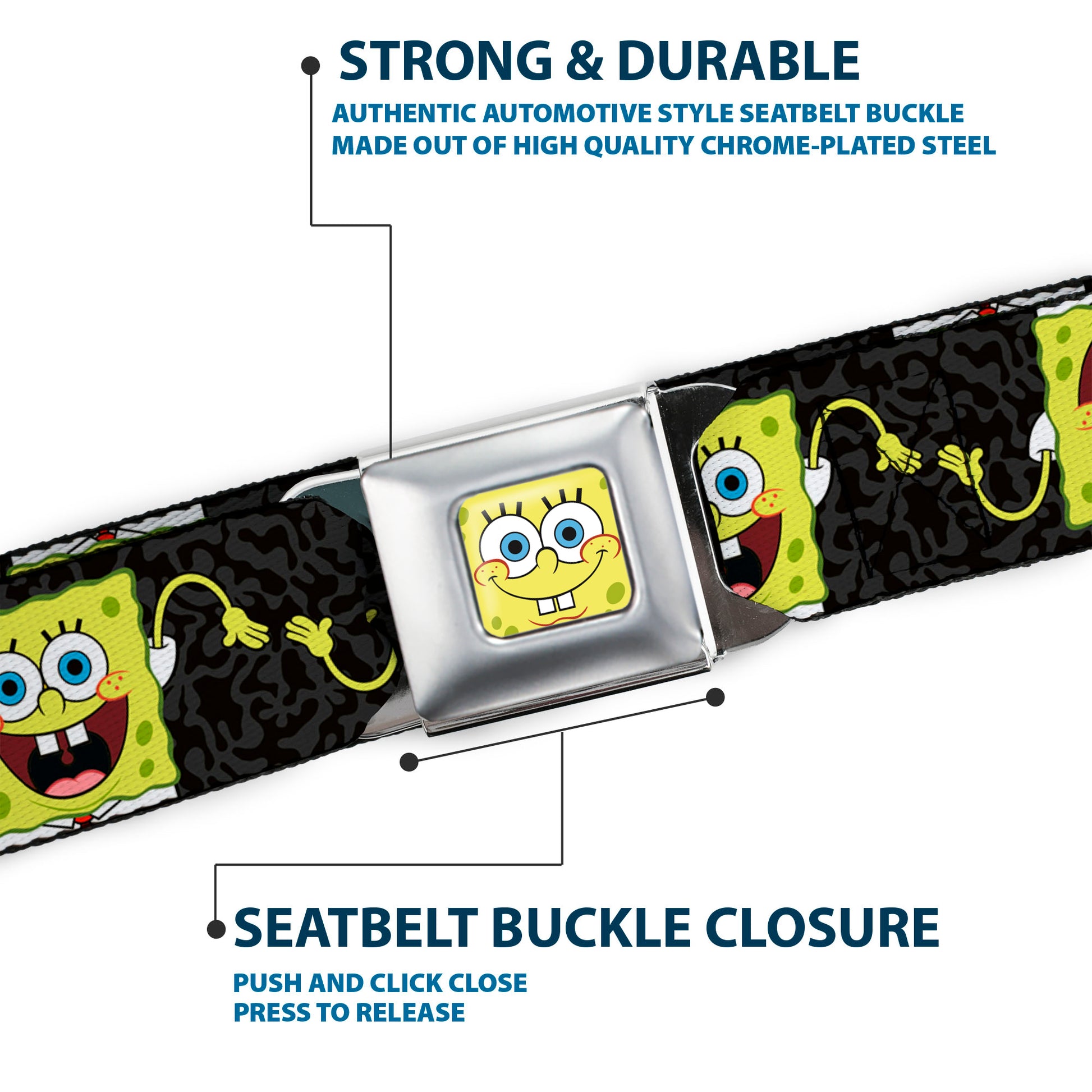 Sponge Bob Face CLOSE-UP Full Color Seatbelt Belt - SpongeBob Pose Flip/Camo Gray/Black Webbing Seatbelt Belts SpongeBob SquarePants