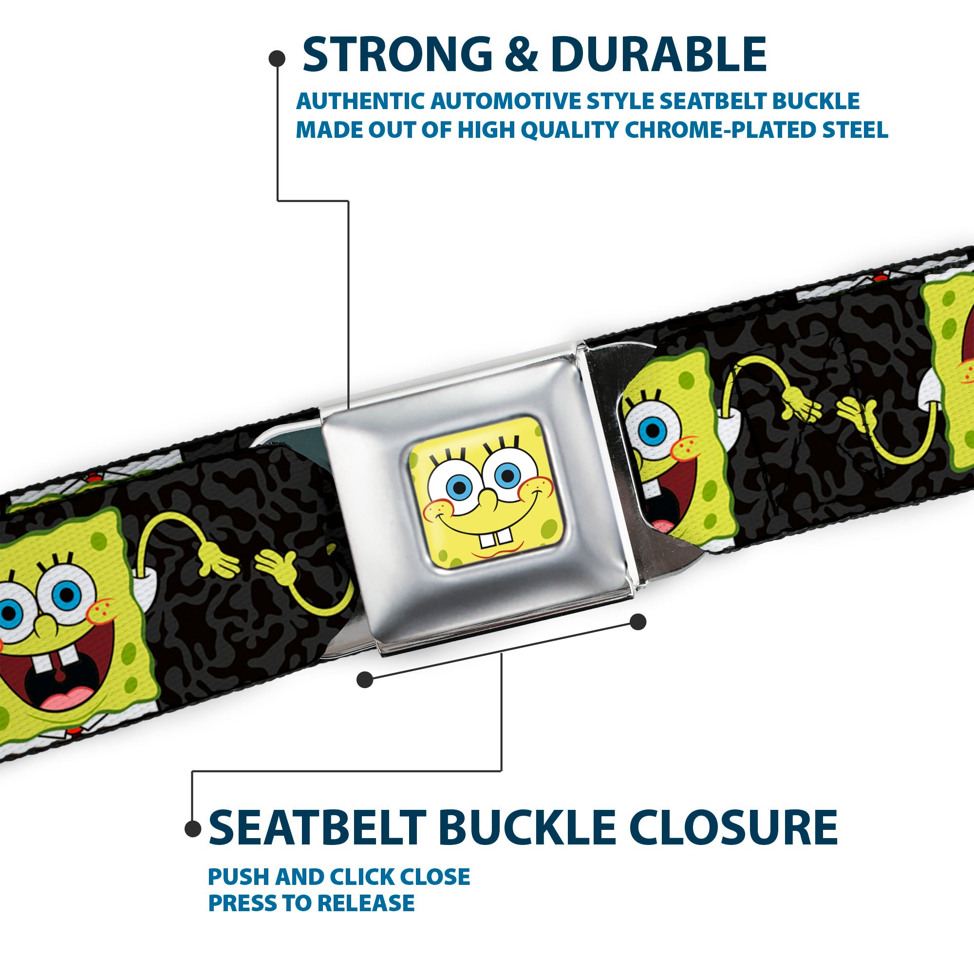 Sponge Bob Face CLOSE-UP Full Color Seatbelt Belt - SpongeBob Pose Flip/Camo Gray/Black Webbing Seatbelt Belts SpongeBob SquarePants
