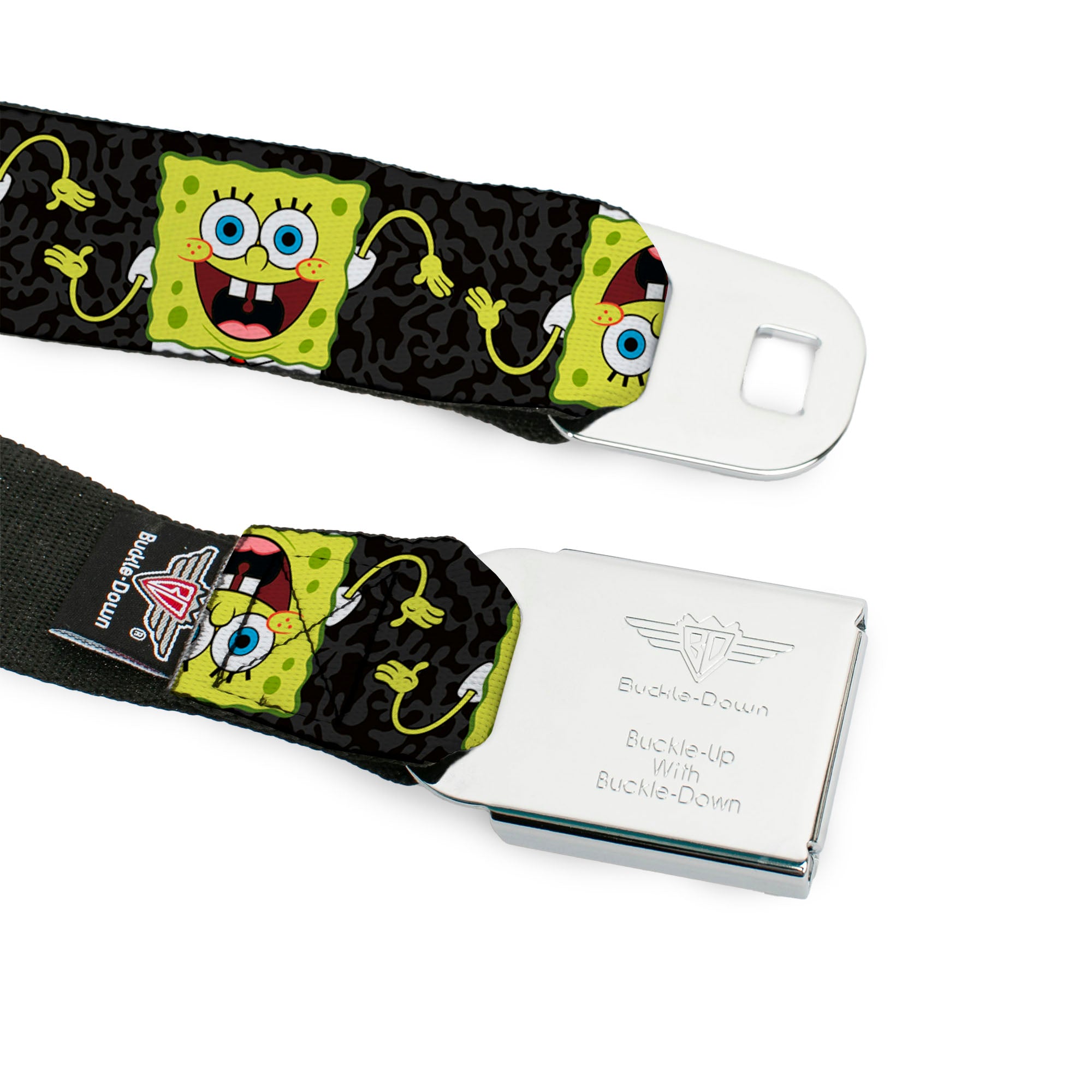 Sponge Bob Face CLOSE-UP Full Color Seatbelt Belt - SpongeBob Pose Flip/Camo Gray/Black Webbing Seatbelt Belts SpongeBob SquarePants