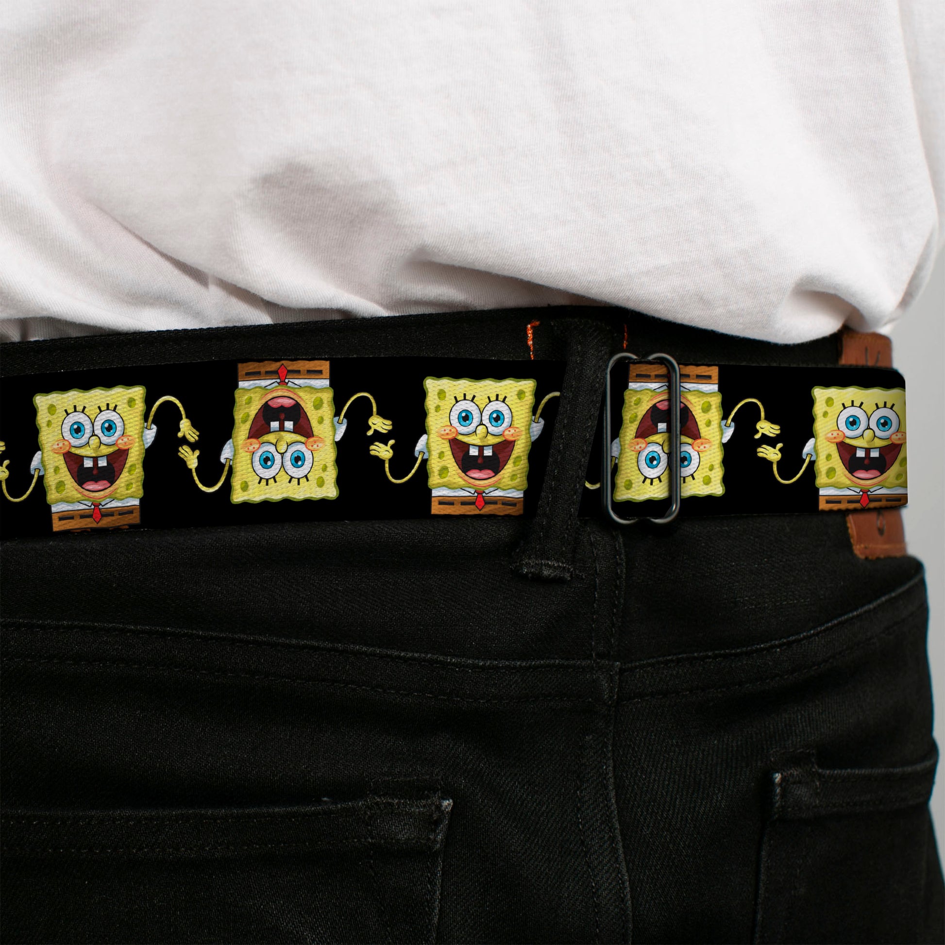 Sponge Bob Face CLOSE-UP Full Color Seatbelt Belt - SpongeBob 3-D Pose Flip Black Webbing Seatbelt Belts SpongeBob SquarePants
