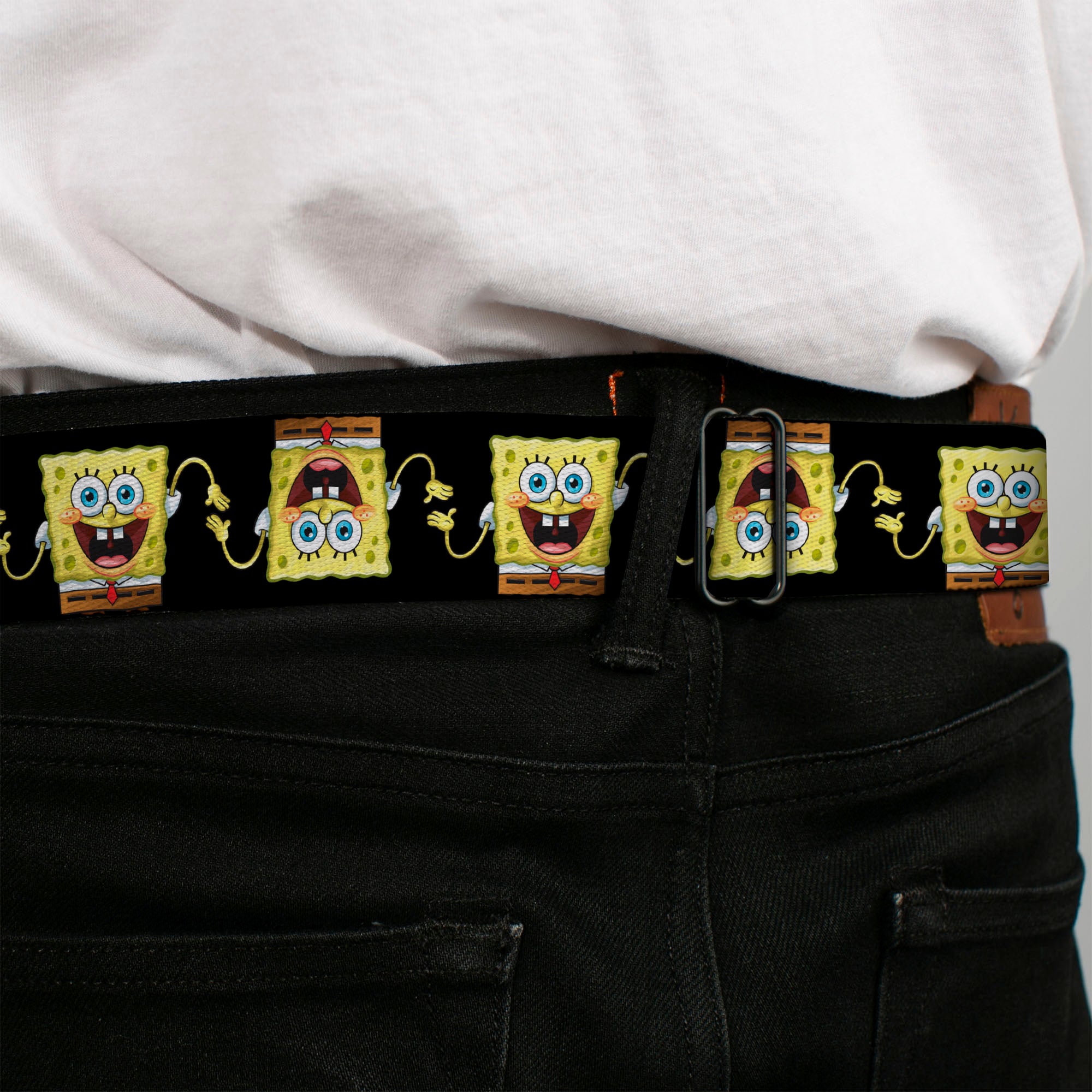 Sponge Bob Face CLOSE-UP Full Color Seatbelt Belt - SpongeBob 3-D Pose Flip Black Webbing Seatbelt Belts SpongeBob SquarePants