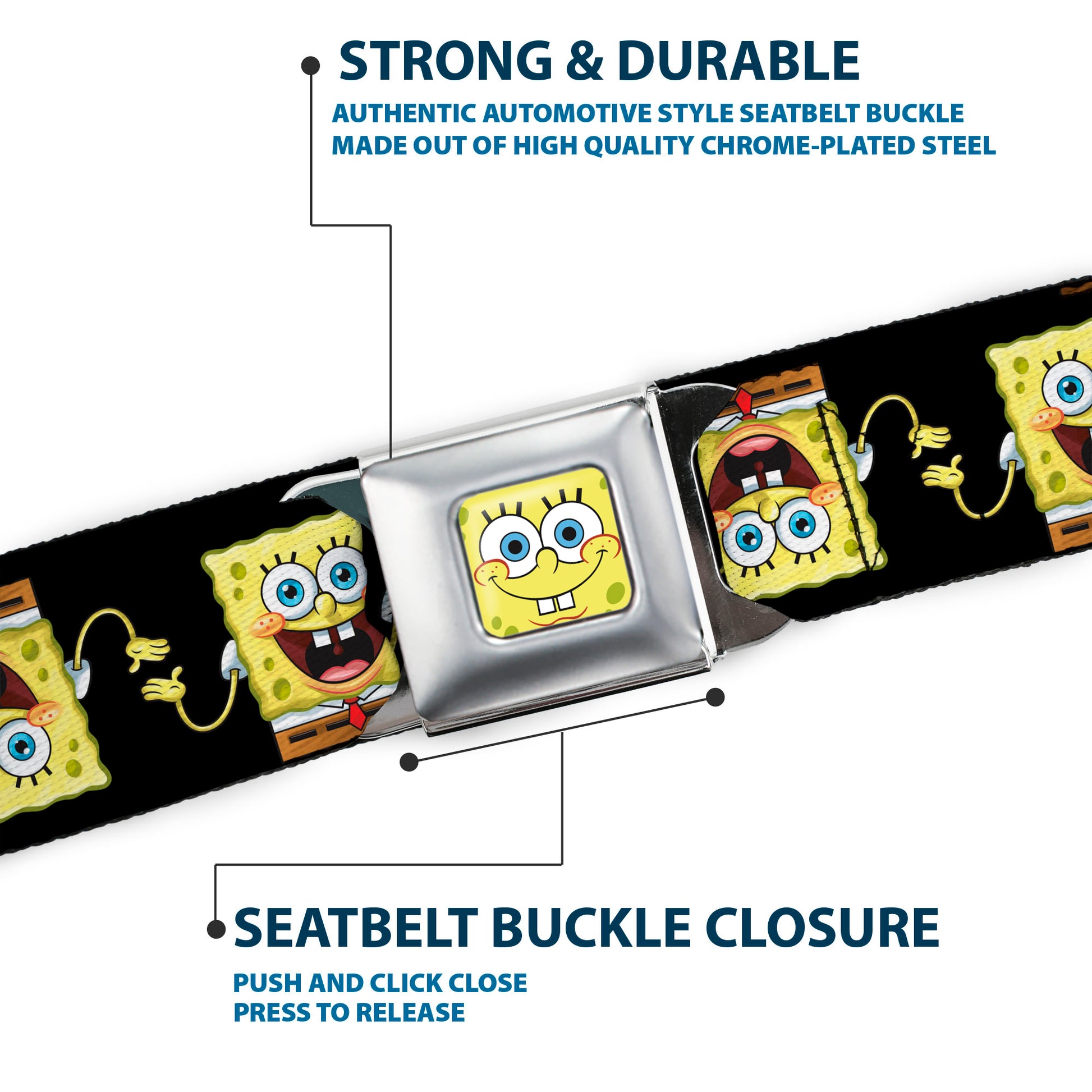 Sponge Bob Face CLOSE-UP Full Color Seatbelt Belt - SpongeBob 3-D Pose Flip Black Webbing Seatbelt Belts SpongeBob SquarePants