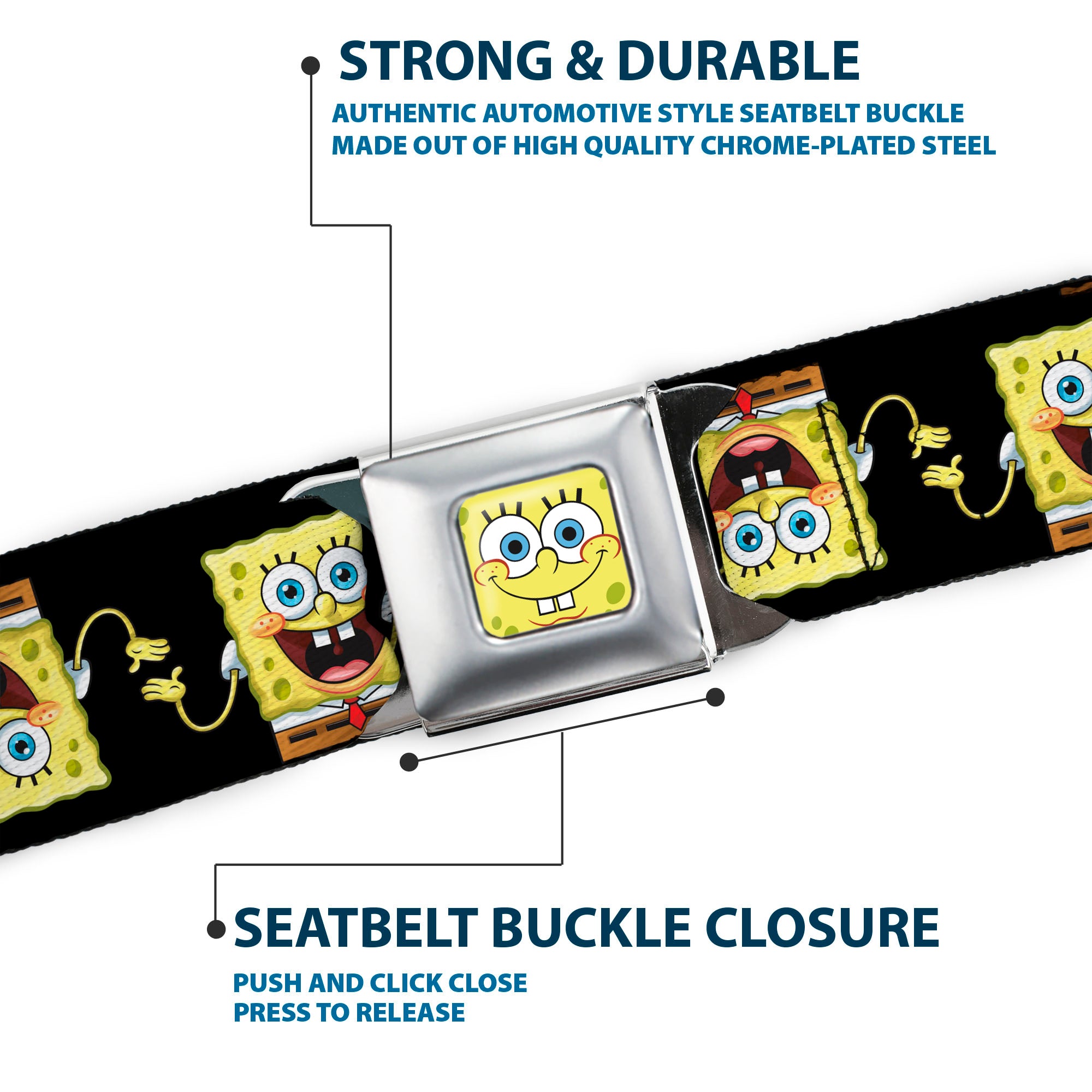 Sponge Bob Face CLOSE-UP Full Color Seatbelt Belt - SpongeBob 3-D Pose Flip Black Webbing Seatbelt Belts SpongeBob SquarePants