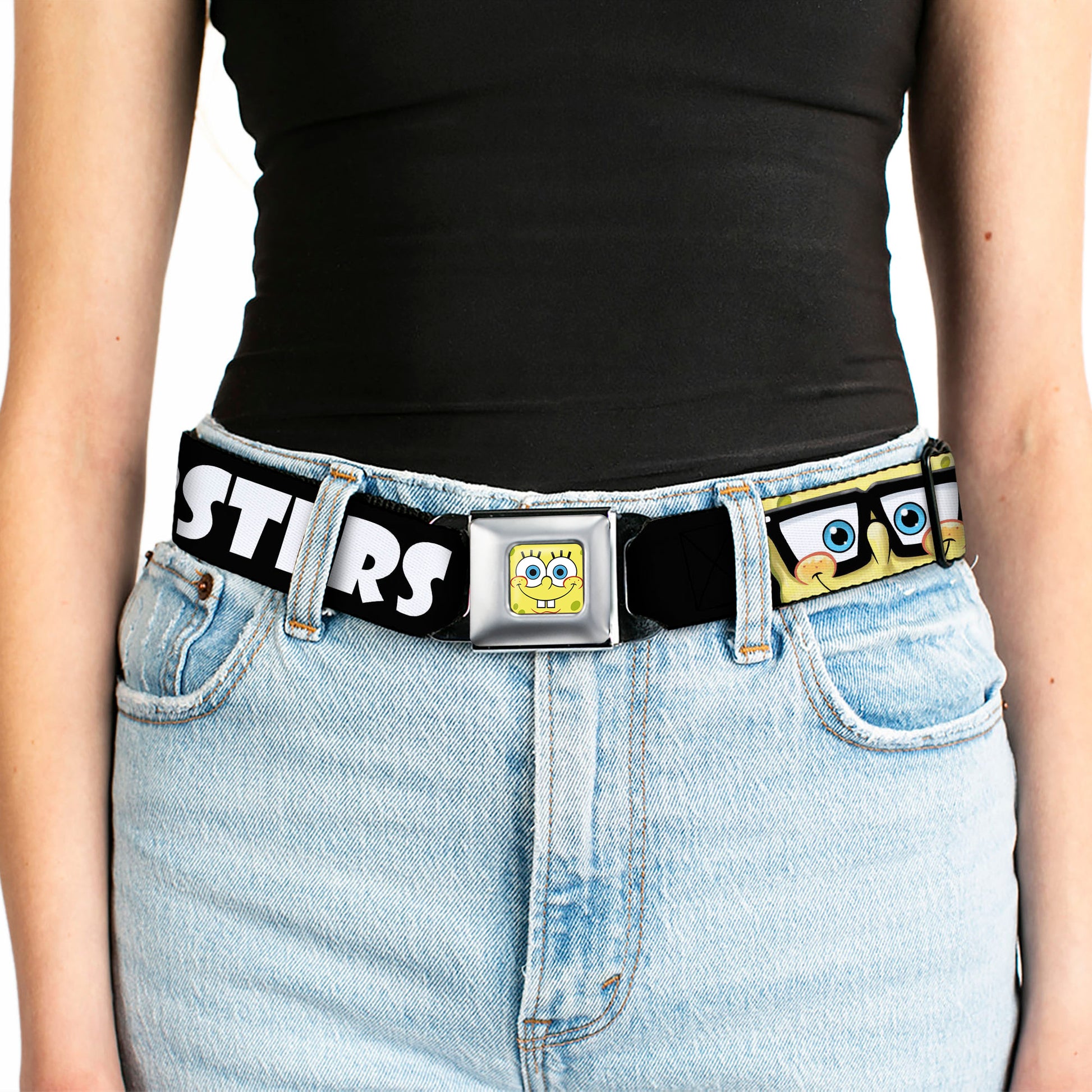 Sponge Bob Face CLOSE-UP Full Color Seatbelt Belt - SpongeBob Nerd HIPSTERS RULE! Black/White Webbing Seatbelt Belts SpongeBob SquarePants