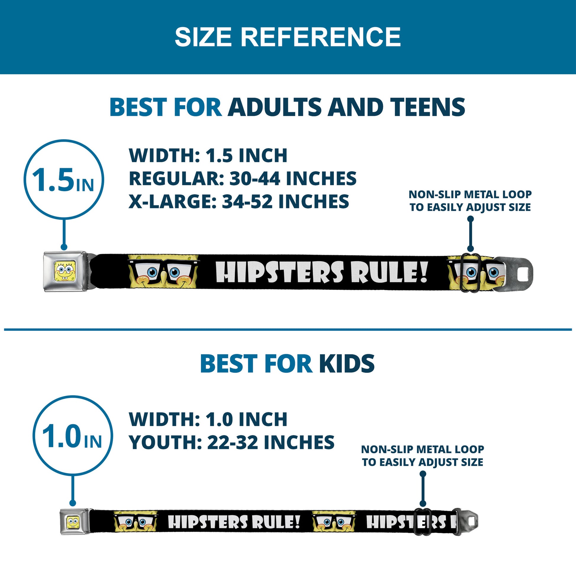 Sponge Bob Face CLOSE-UP Full Color Seatbelt Belt - SpongeBob Nerd HIPSTERS RULE! Black/White Webbing Seatbelt Belts SpongeBob SquarePants